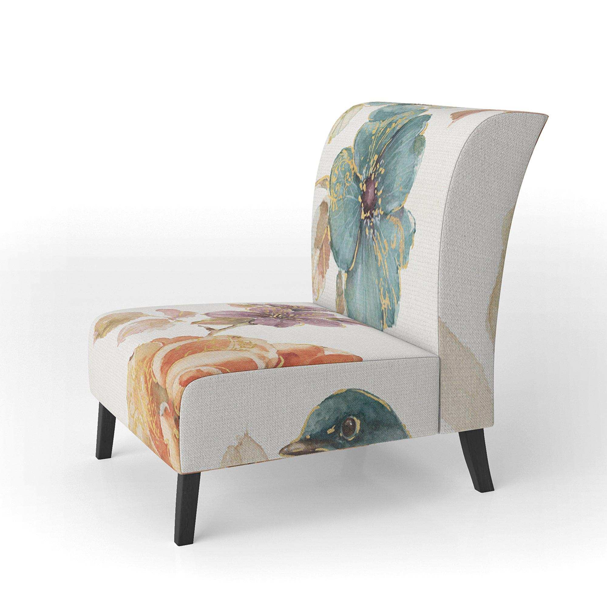 Cottage Bird on Orange Flower Twig Traditional Accent Chair
