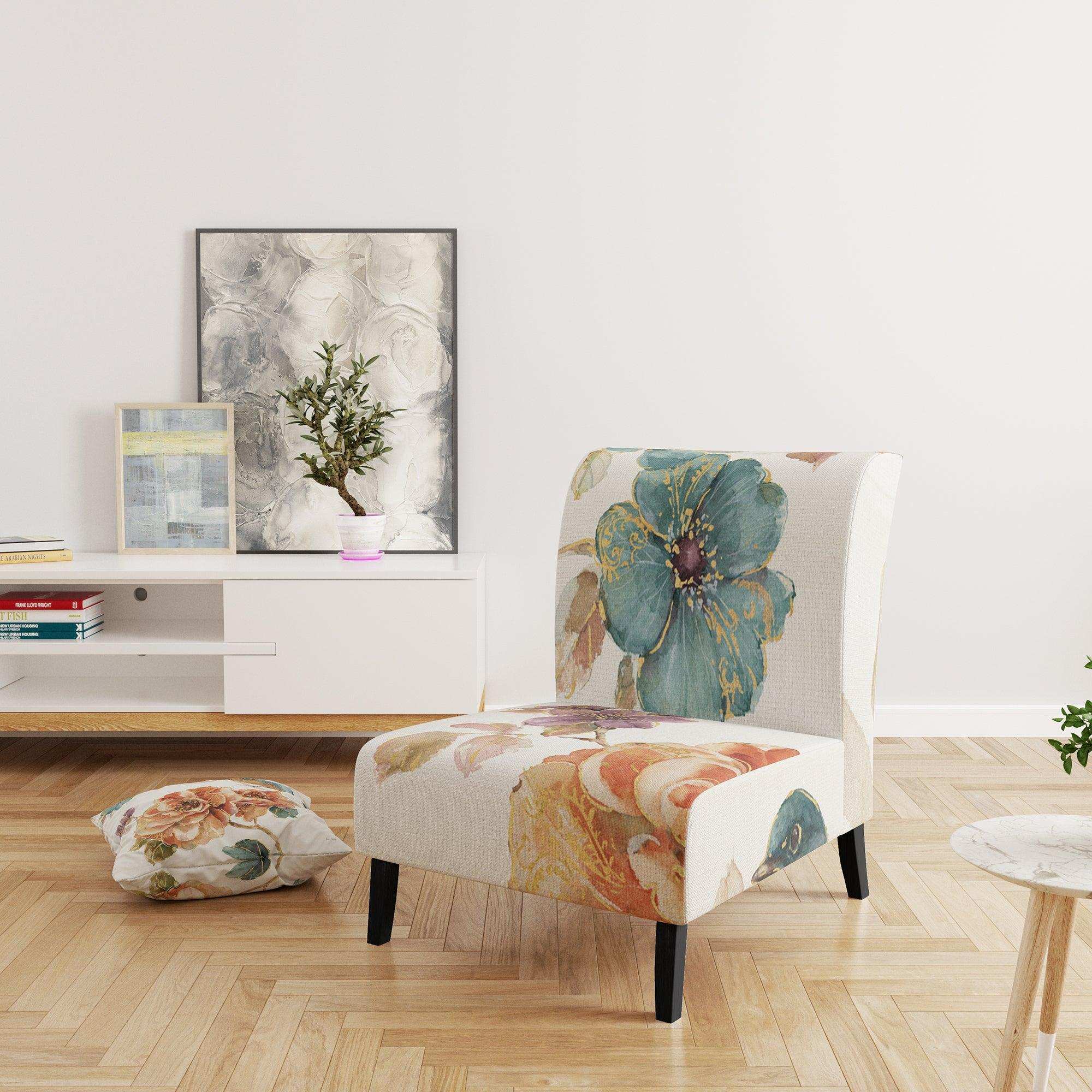 Cottage Bird on Orange Flower Twig Traditional Accent Chair