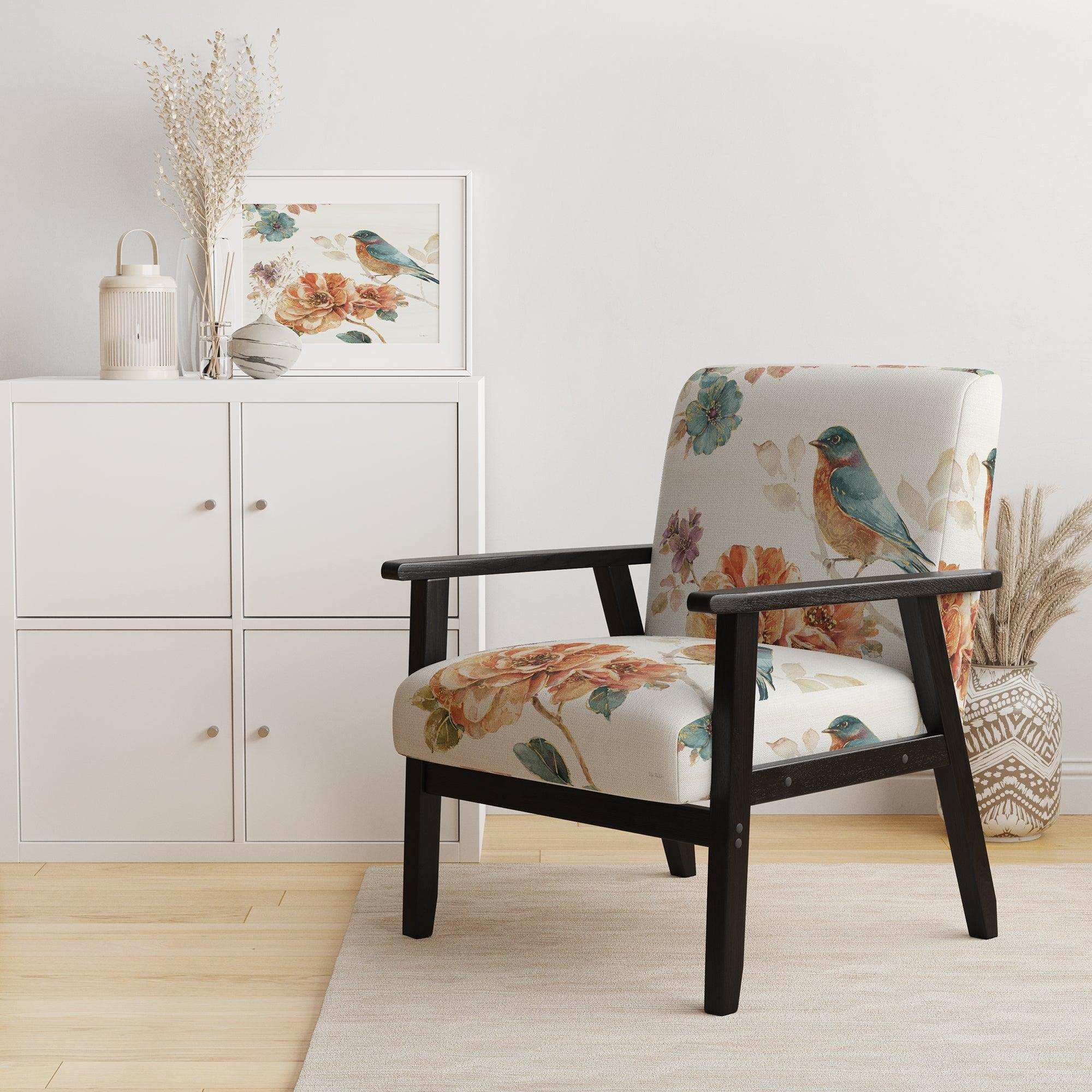 Cottage Bird on Orange Flower Twig Traditional Accent Chair