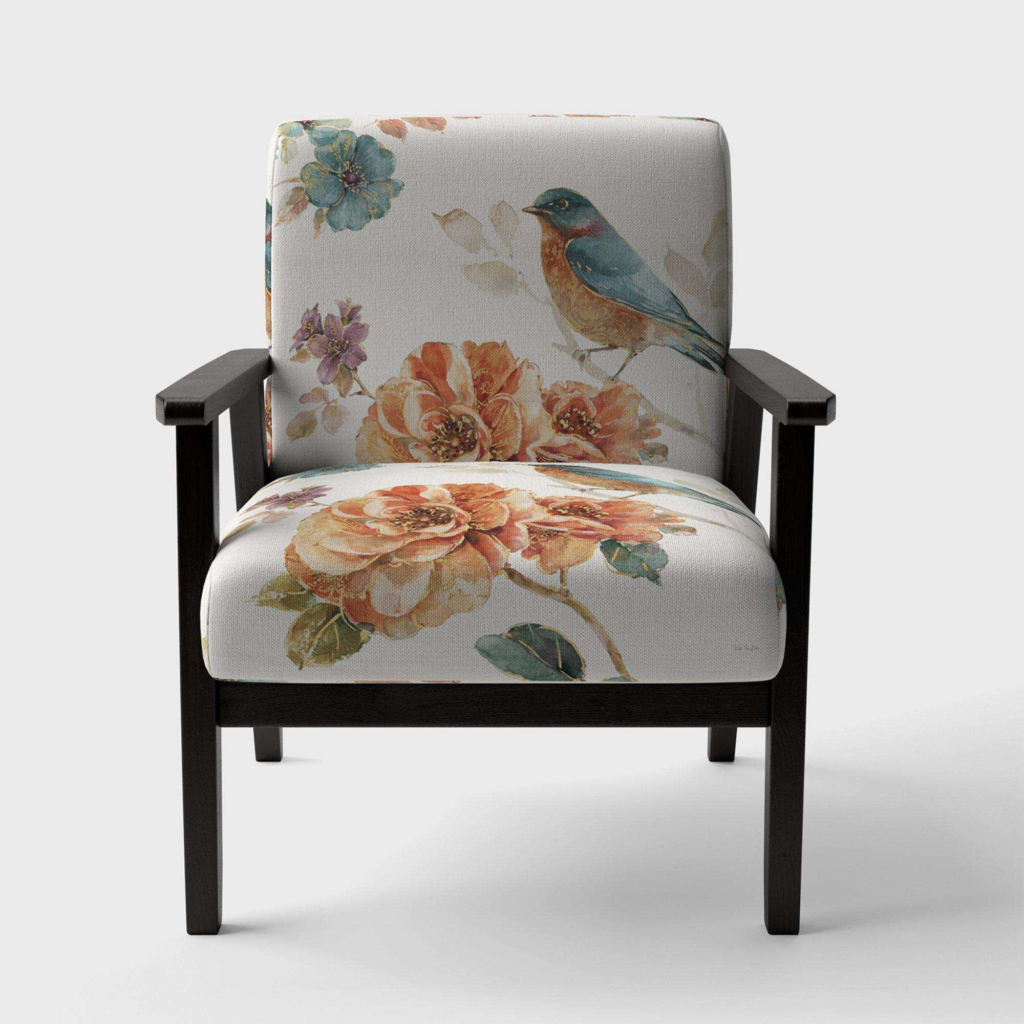 Cottage Bird on Orange Flower Twig Traditional Accent Chair