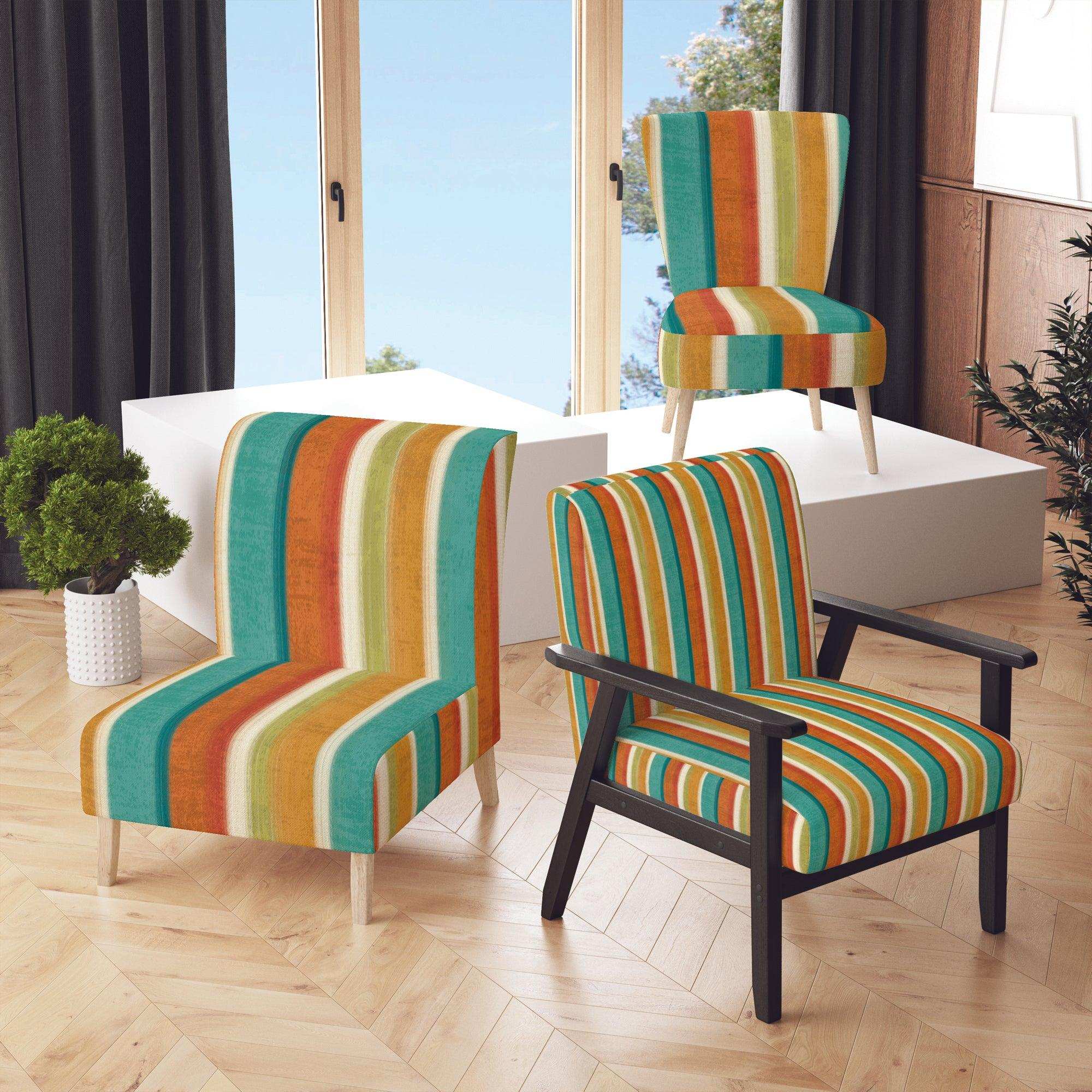 Blue, Green and Orange Vertical Abstract Stripes Mid-Century Accent Chair