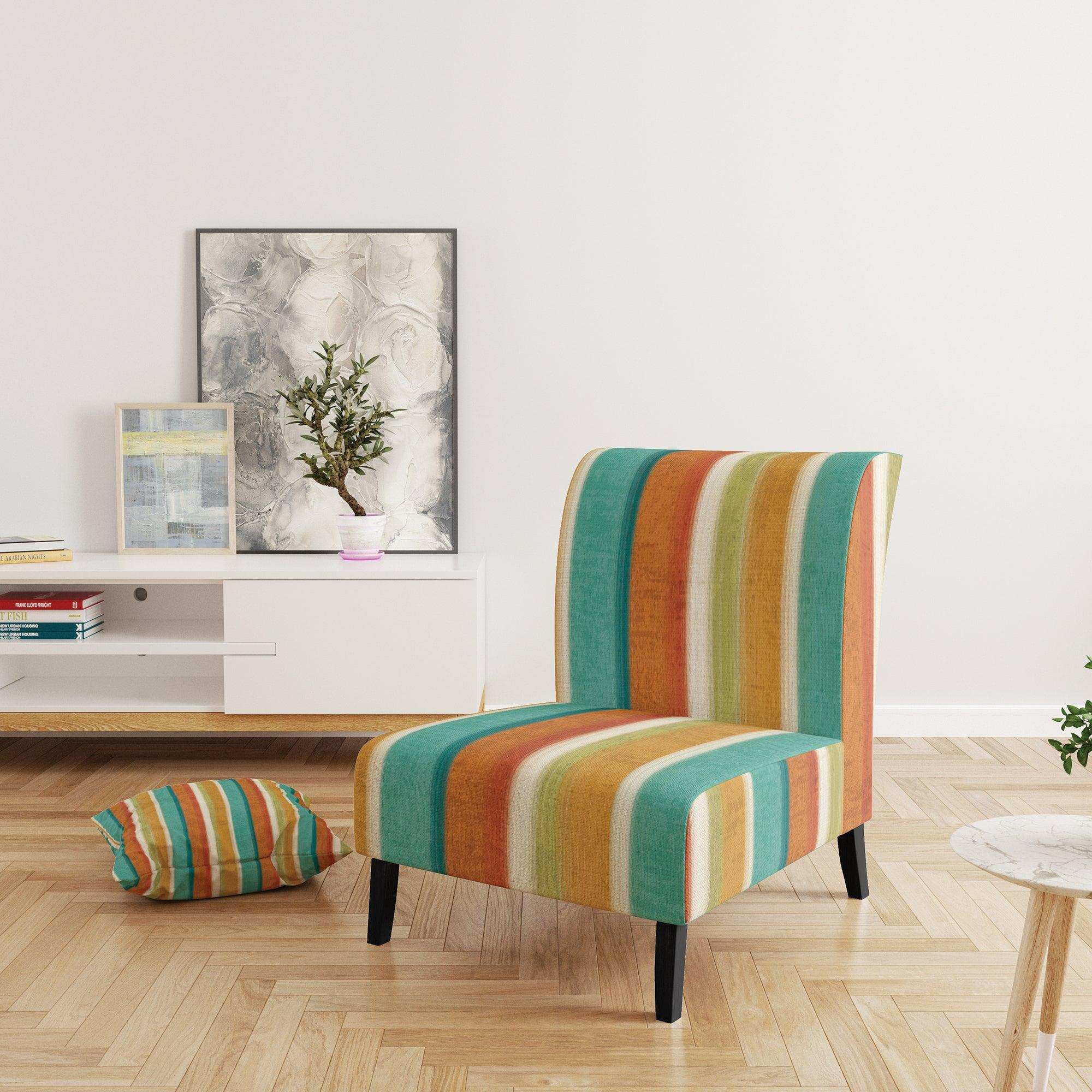 Blue, Green and Orange Vertical Abstract Stripes Mid-Century Accent Chair