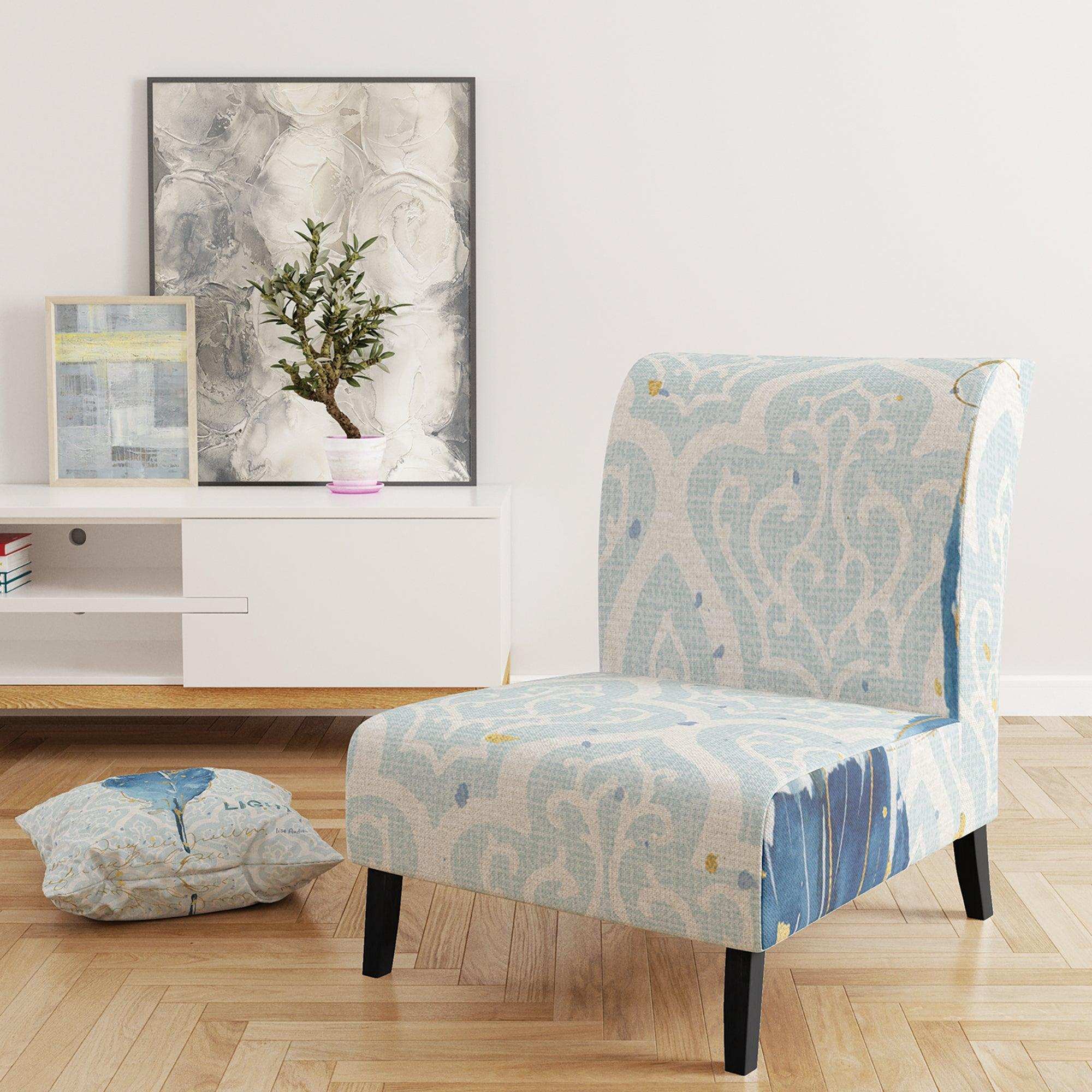 Blue Damask Feather Farmhouse Accent Chair