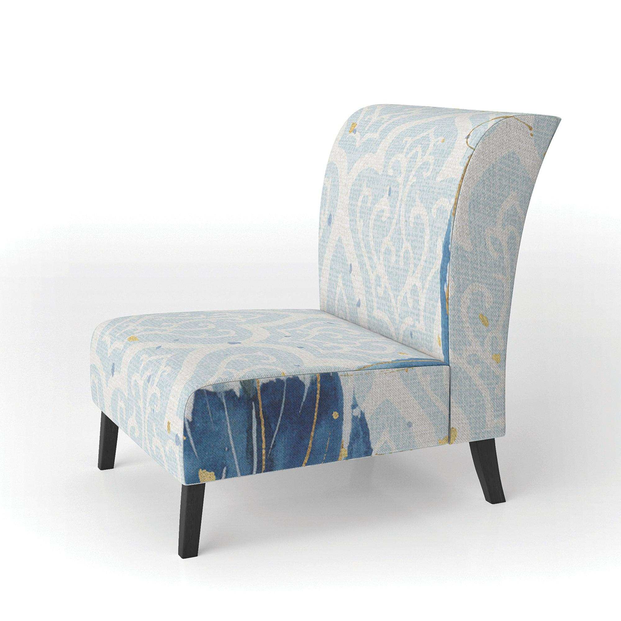 Blue Damask Feather Farmhouse Accent Chair