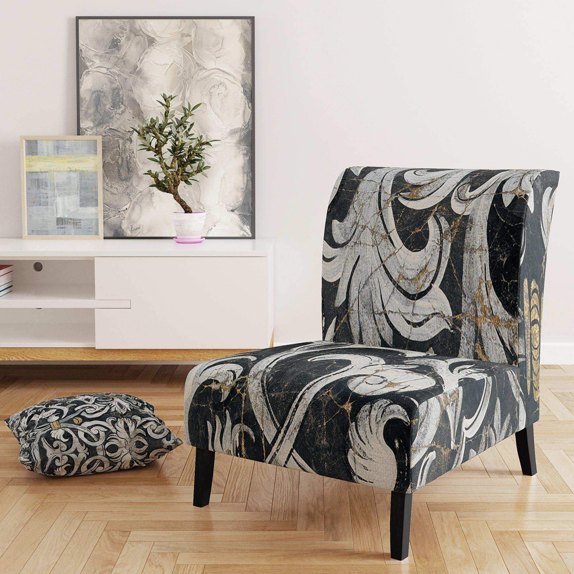 Gold Mettalic Floral Strapwork Glam Accent Chair