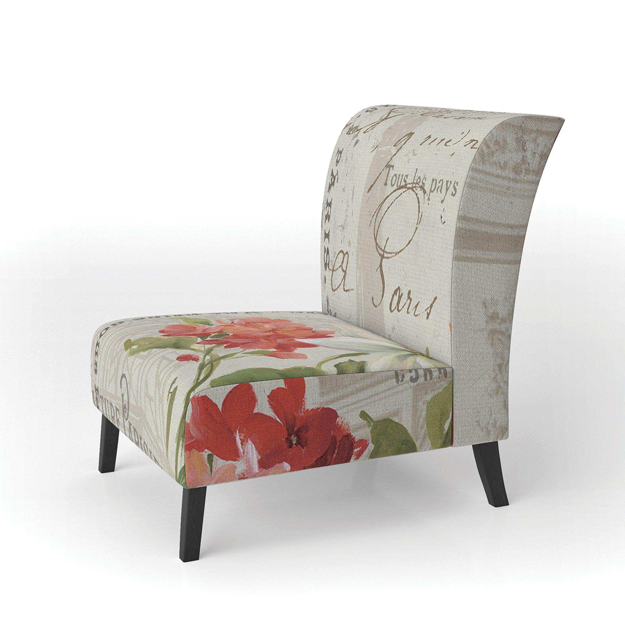 Red Painted Flowers on Vintage Postcard II Farmhouse Accent Chair