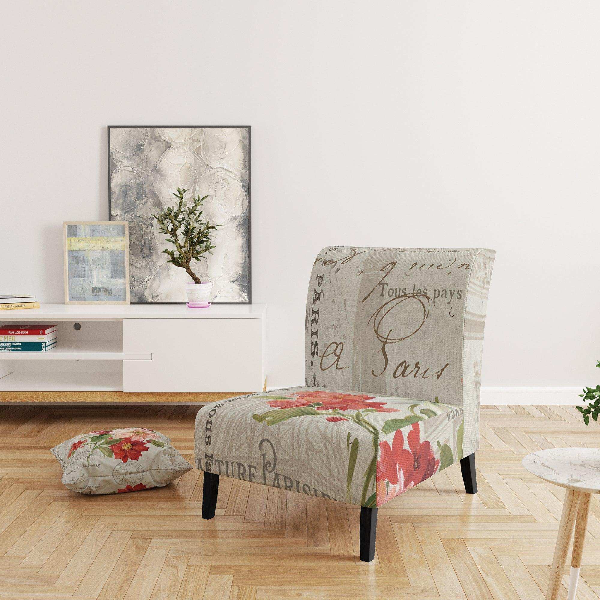 Red Painted Flowers on Vintage Postcard II Farmhouse Accent Chair