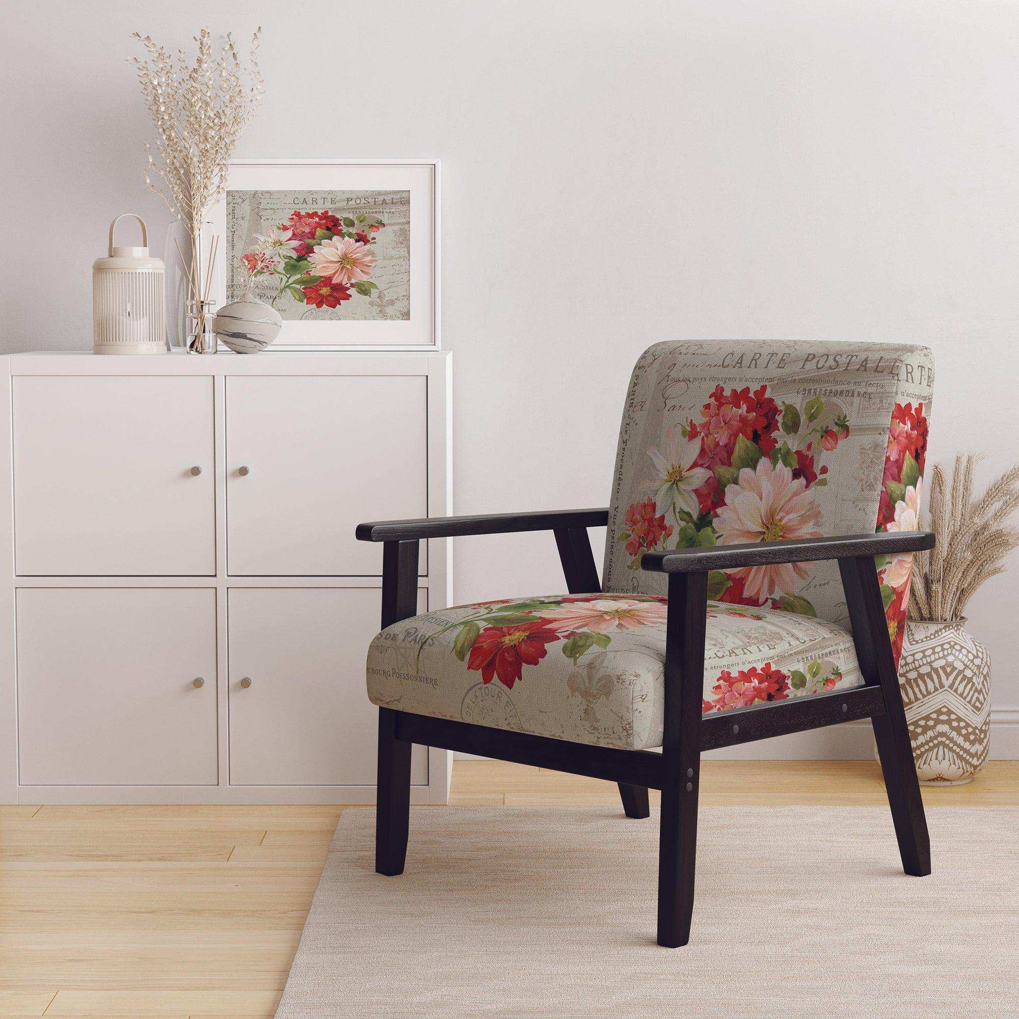 Red Painted Flowers on Vintage Postcard II Farmhouse Accent Chair