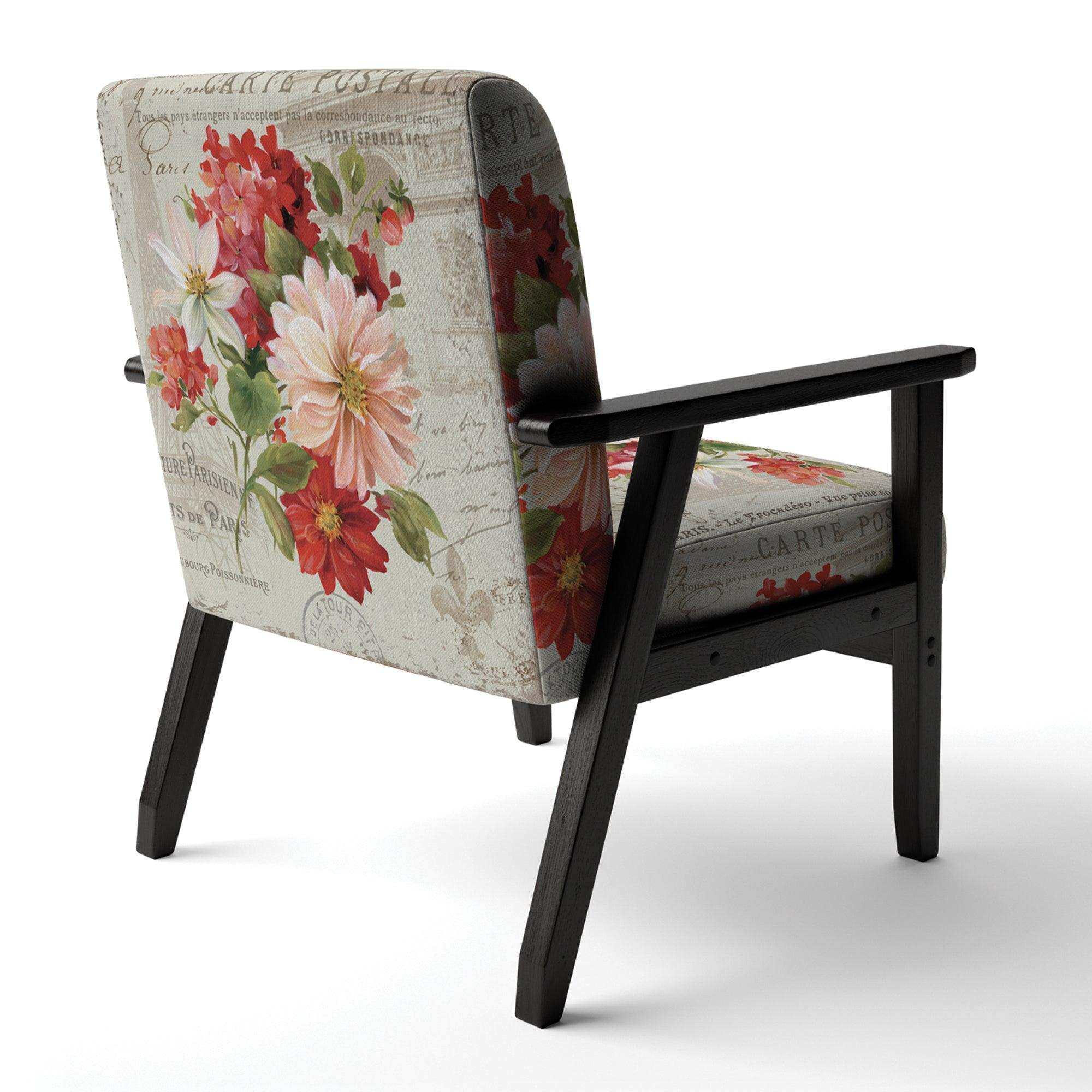 Red Painted Flowers on Vintage Postcard II Farmhouse Accent Chair