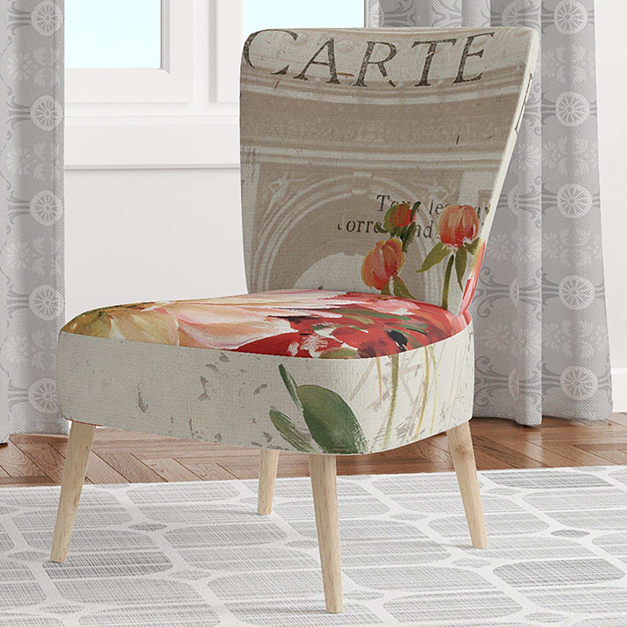 Red Painted Flowers on Vintage Postcard III Farmhouse Accent Chair