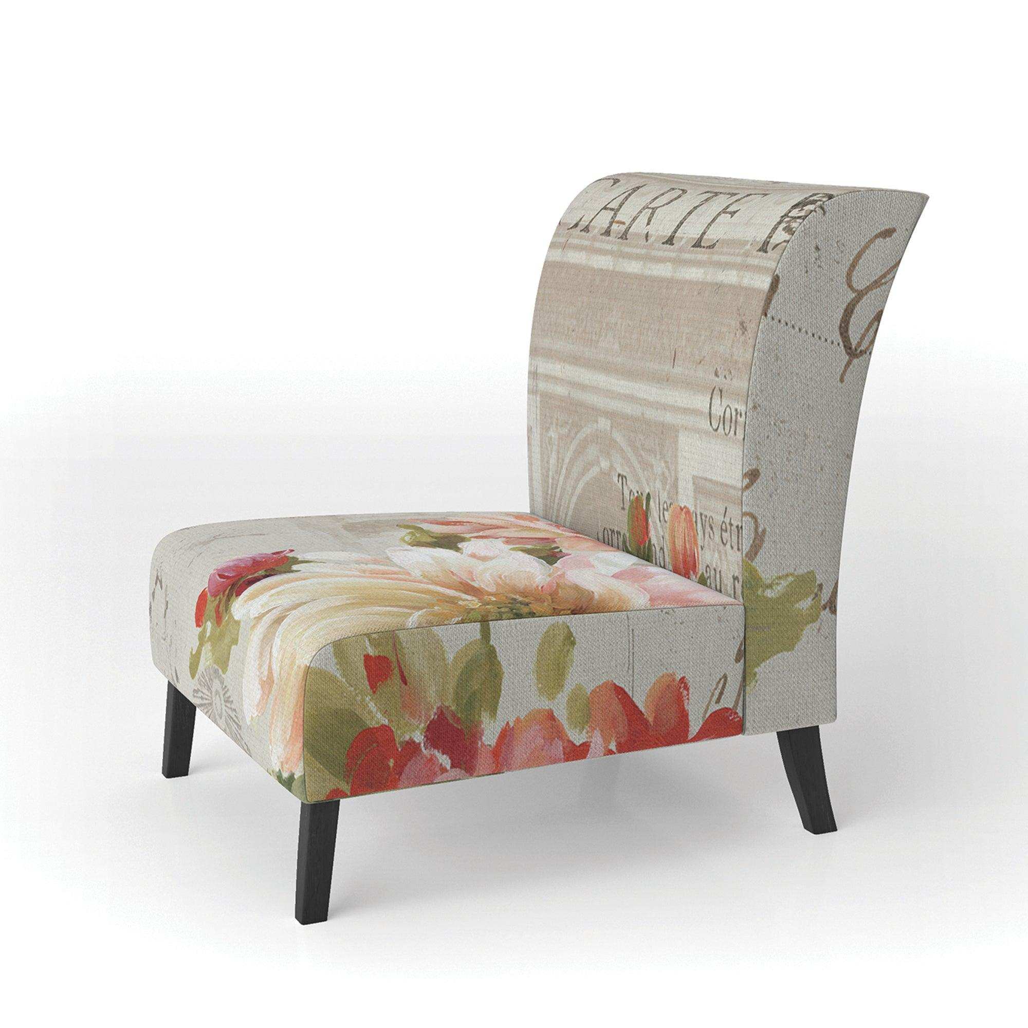 Red Painted Flowers on Vintage Postcard III Farmhouse Accent Chair