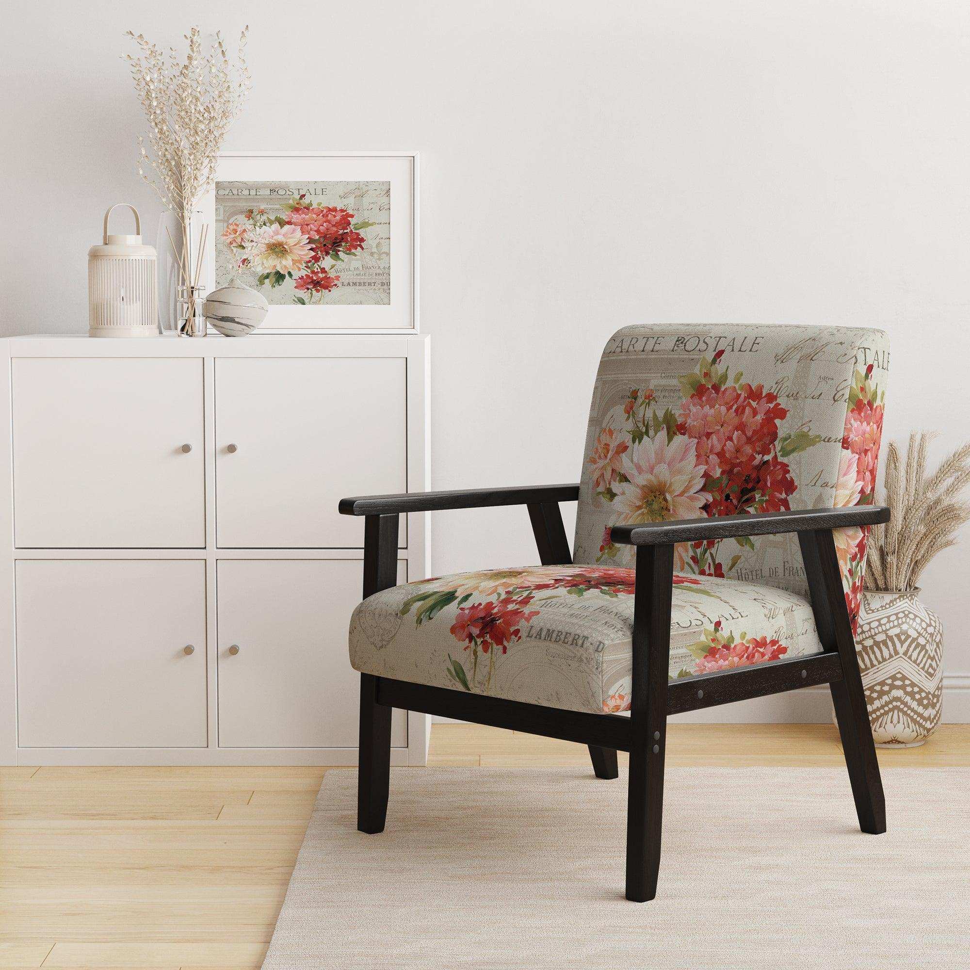 Red Painted Flowers on Vintage Postcard III Farmhouse Accent Chair