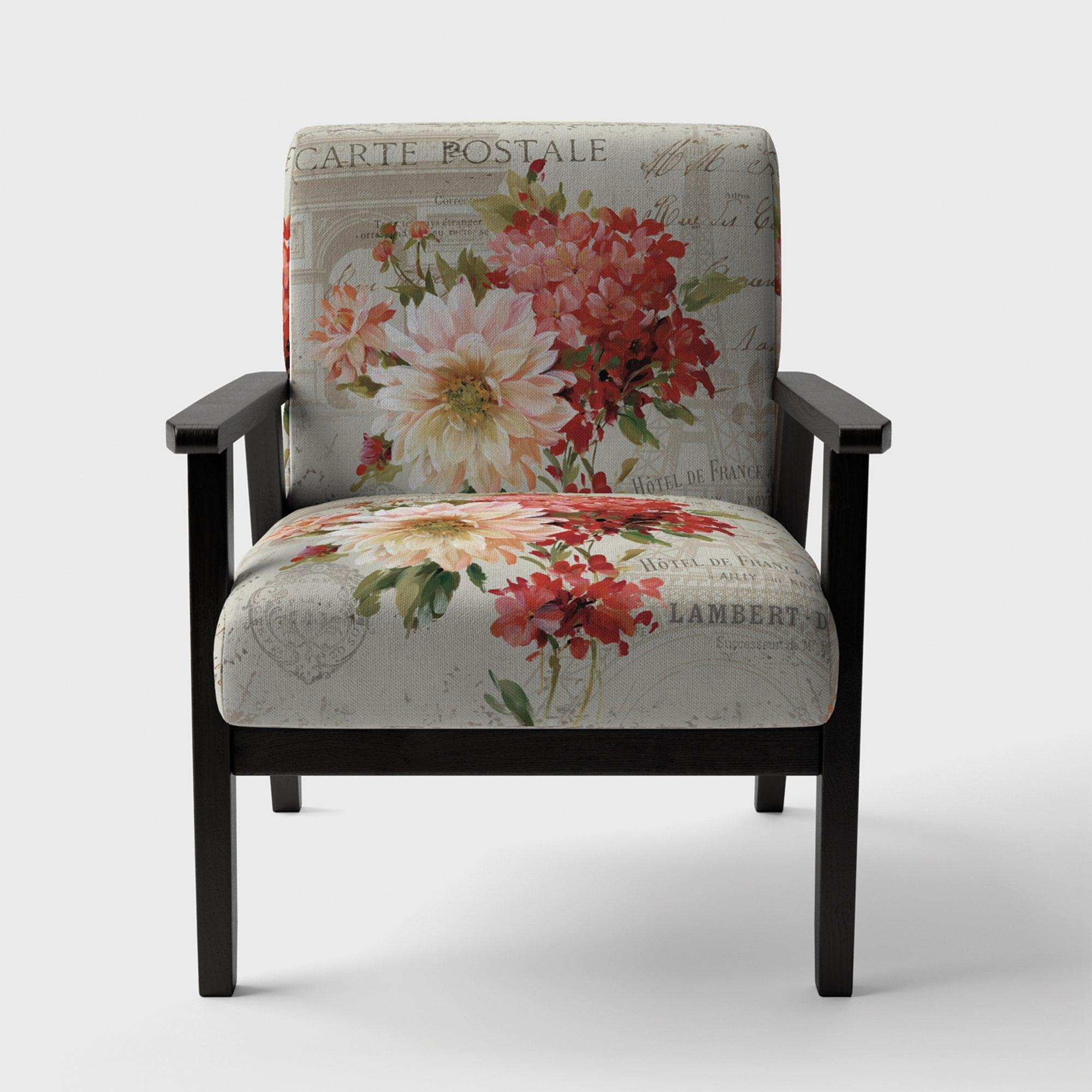 Red Painted Flowers on Vintage Postcard III Farmhouse Accent Chair