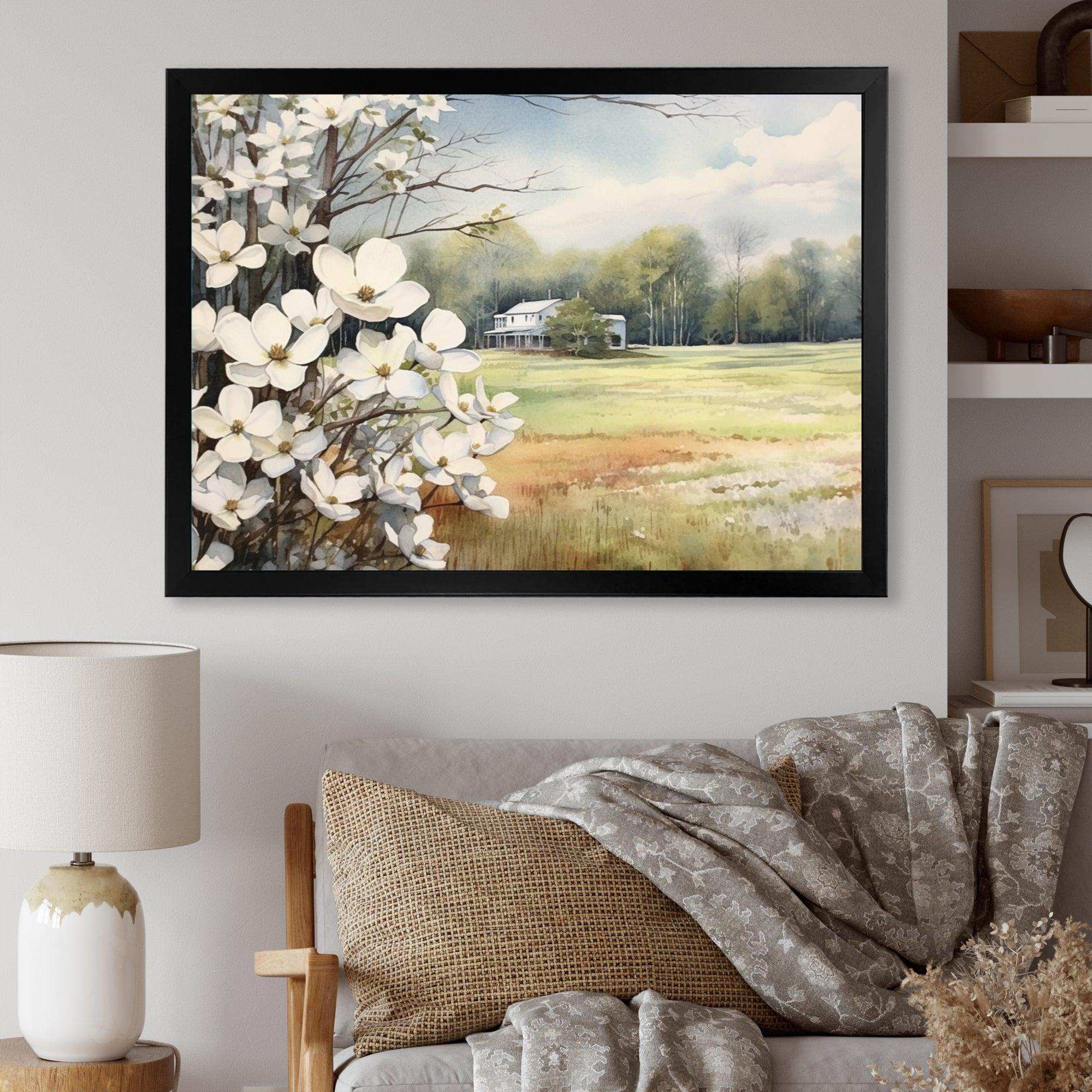 White Grey Dogwood At The Farm I - Floral Canvas Wall Art