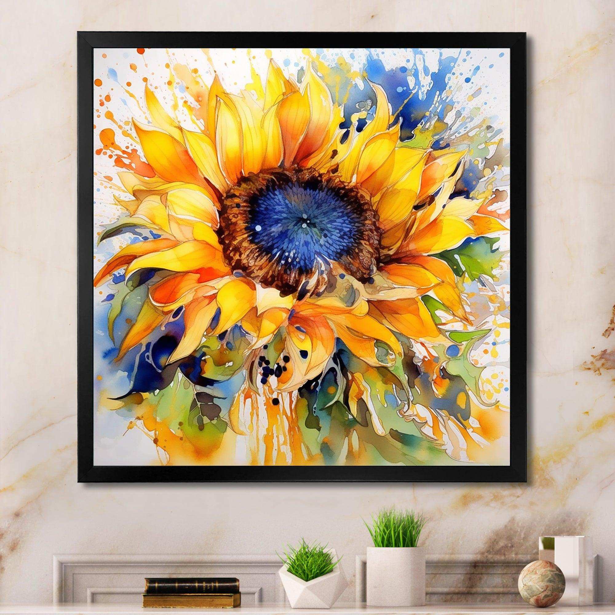 Yellow Blue Golden Cheerful Sunflowers - Floral Canvas Wall Art
