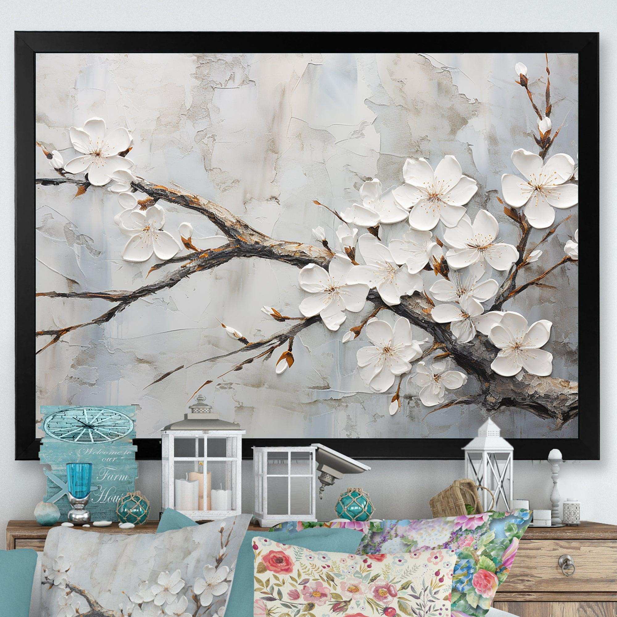 Minimalism White And Grey Cherry Blossom - Floral Canvas Wall Art
