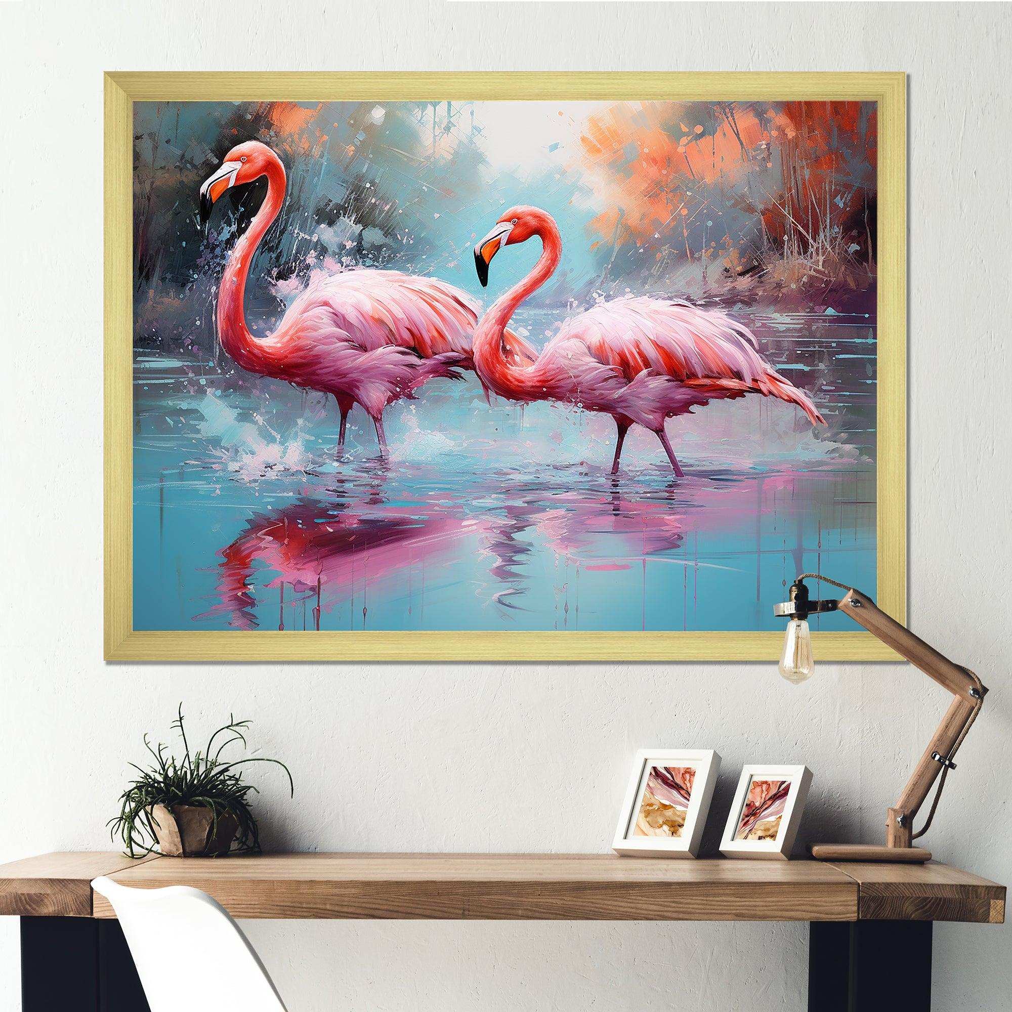 Wild Pink Flamingo In Lake - Landscapes Canvas Wall Art