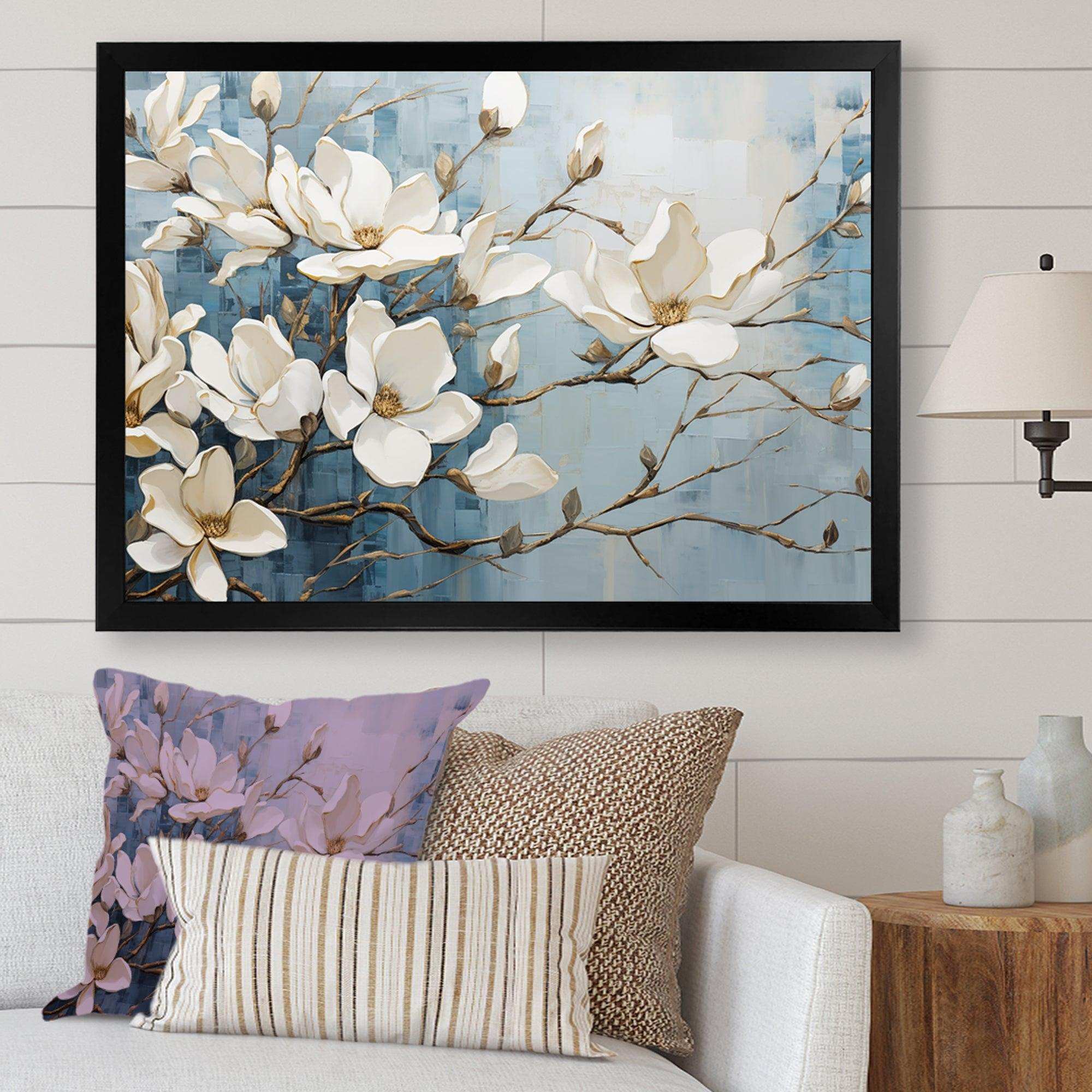 Blue And Gold Painted Magnolias VI - Floral Canvas Wall Art