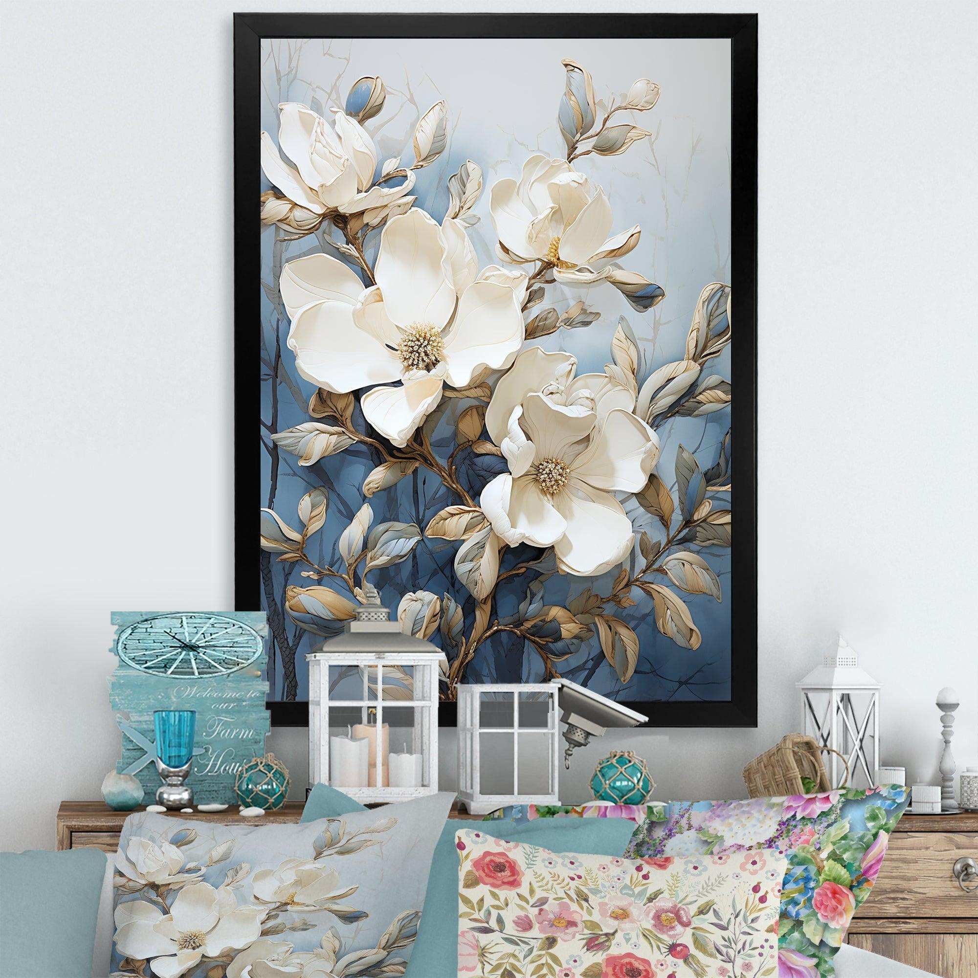 Blue And White Painted Magnolias - Floral Canvas Wall Art