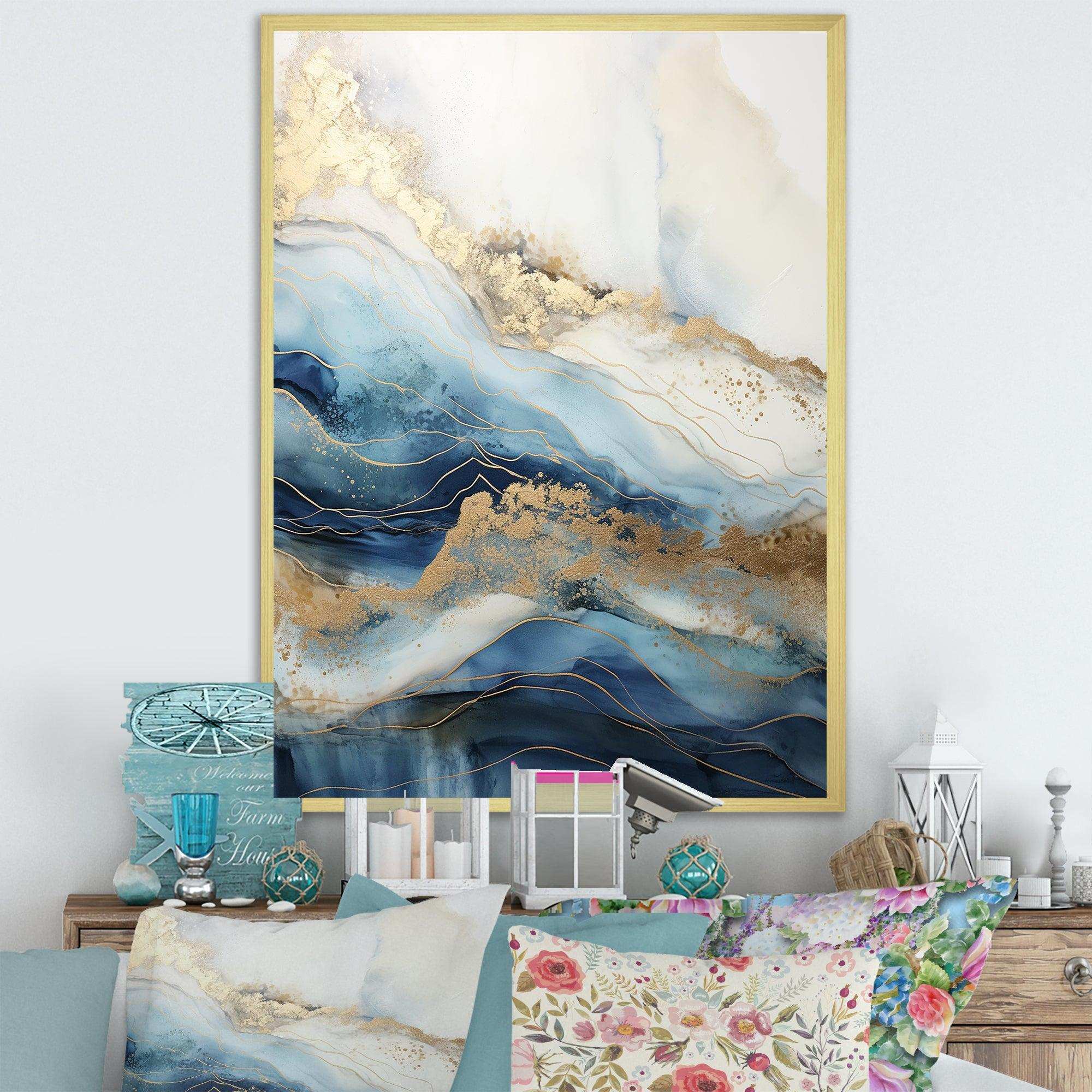 White And Blue Goldern Abstract River - Landscapes Canvas Wall Art