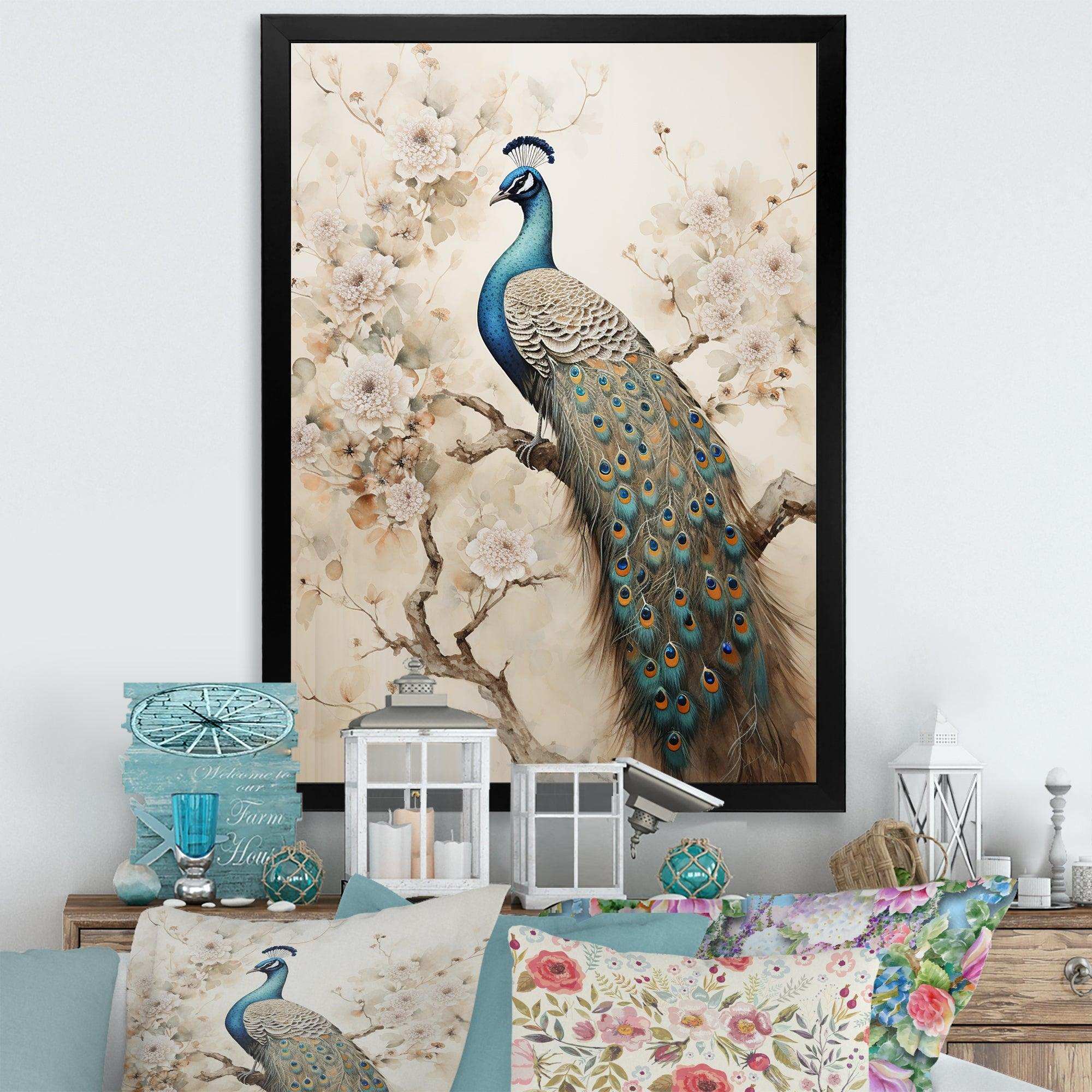 Vintage Fantasy Peacock In Enchanted Flowers II - Animals Canvas Wall Art