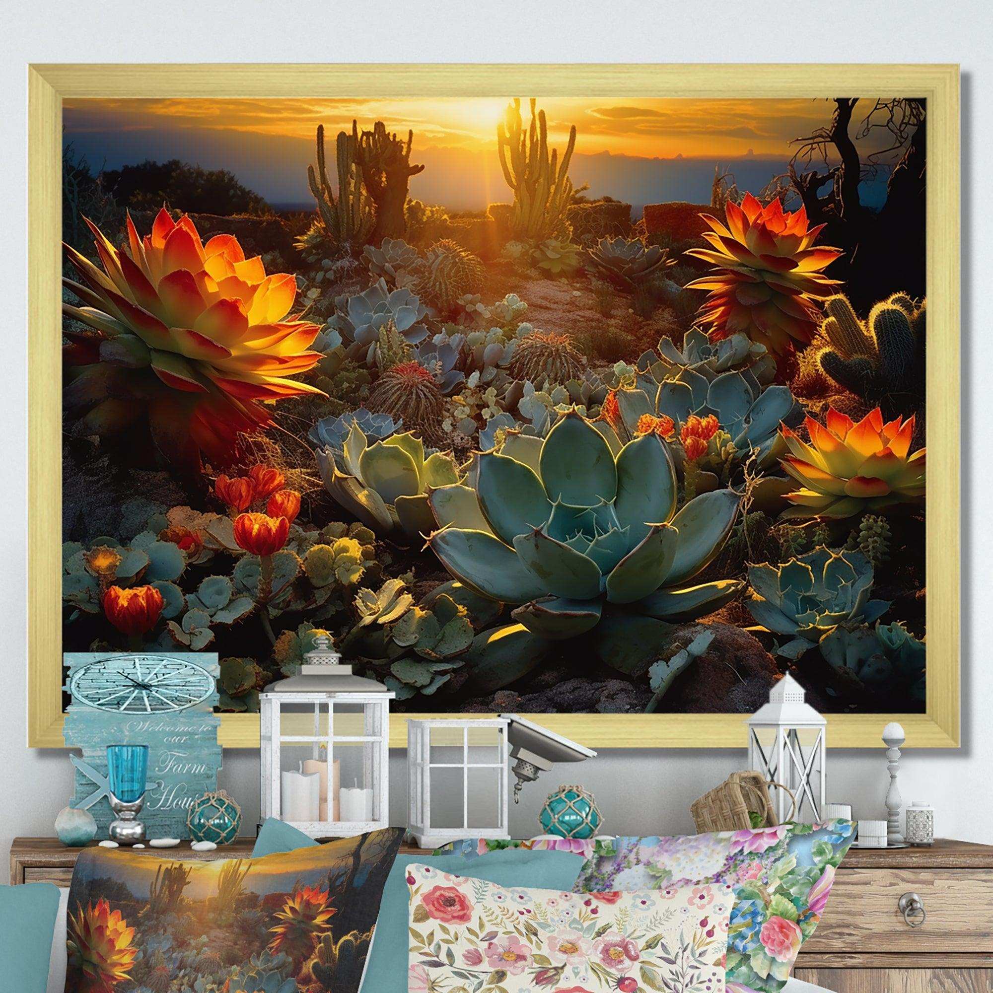 Succulent Desert Cactus Field Burning Sunset - Floral Canvas Wall Art