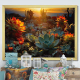 Succulent Desert Cactus Field Burning Sunset - Floral Canvas Wall Art