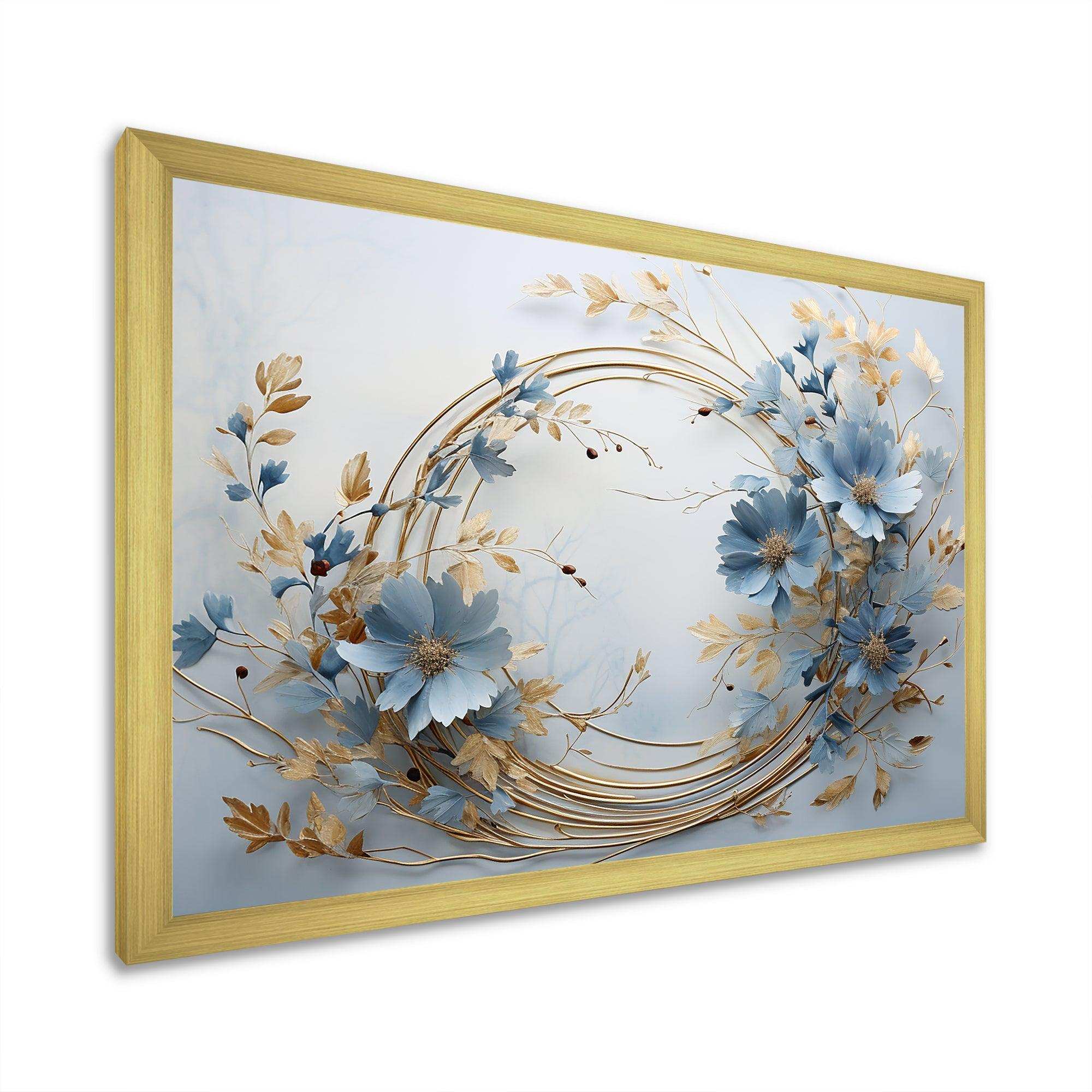 blue and gold Wreath flower - Floral Canvas Wall Art