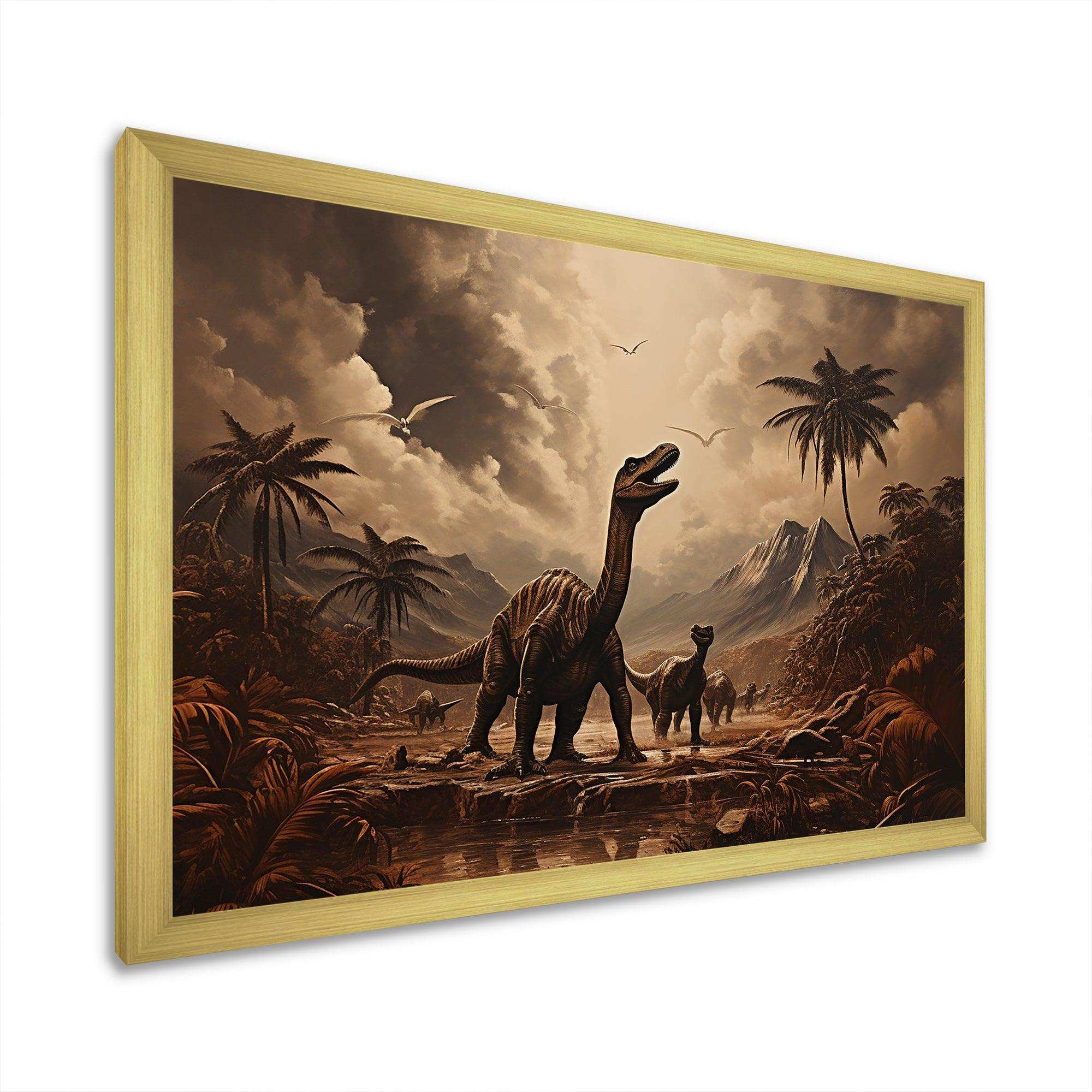 Vintage Jurassic dinosaur landscape II - Animals Canvas Wall Art