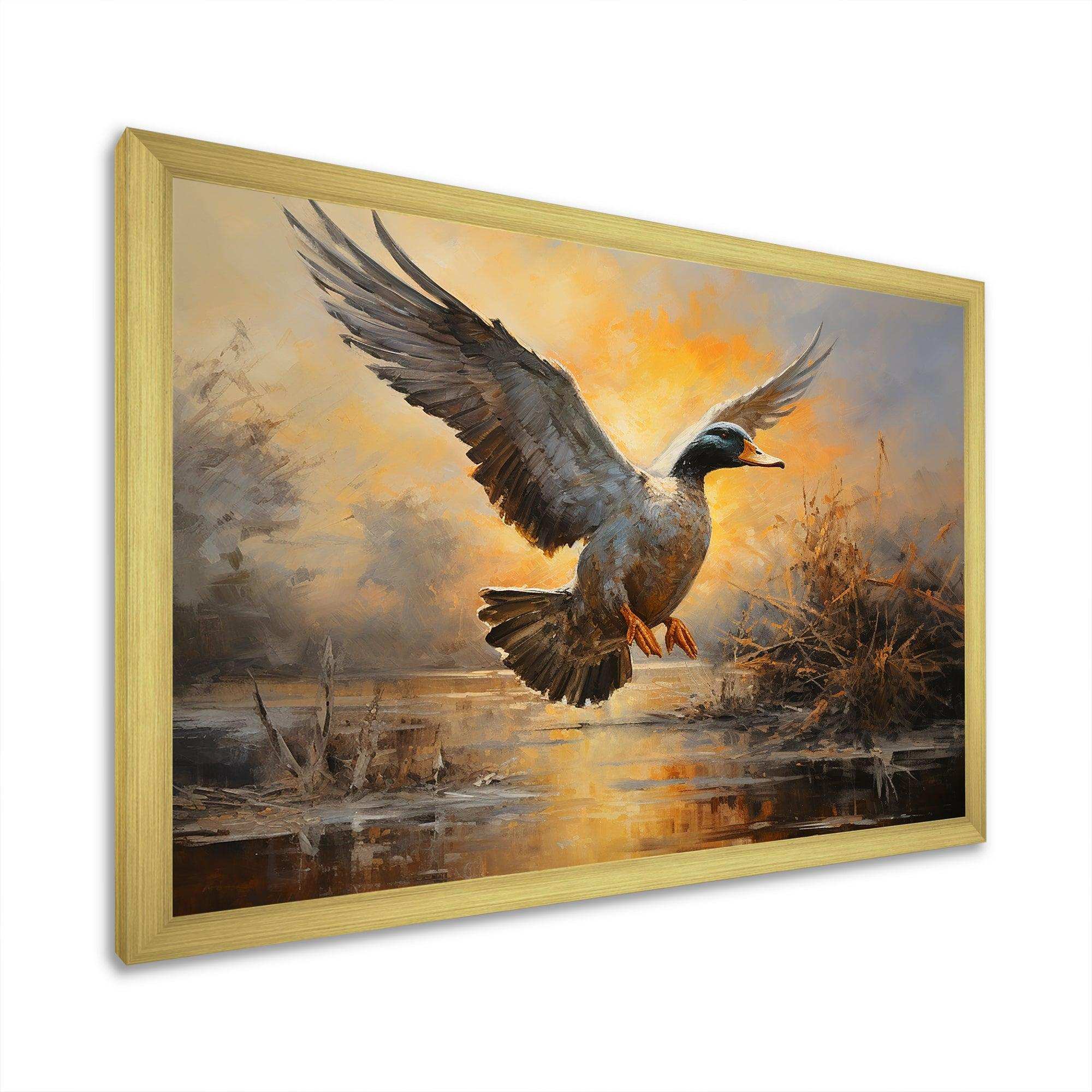 Vintage duck Flight at the pond II - Animals Canvas Wall Art