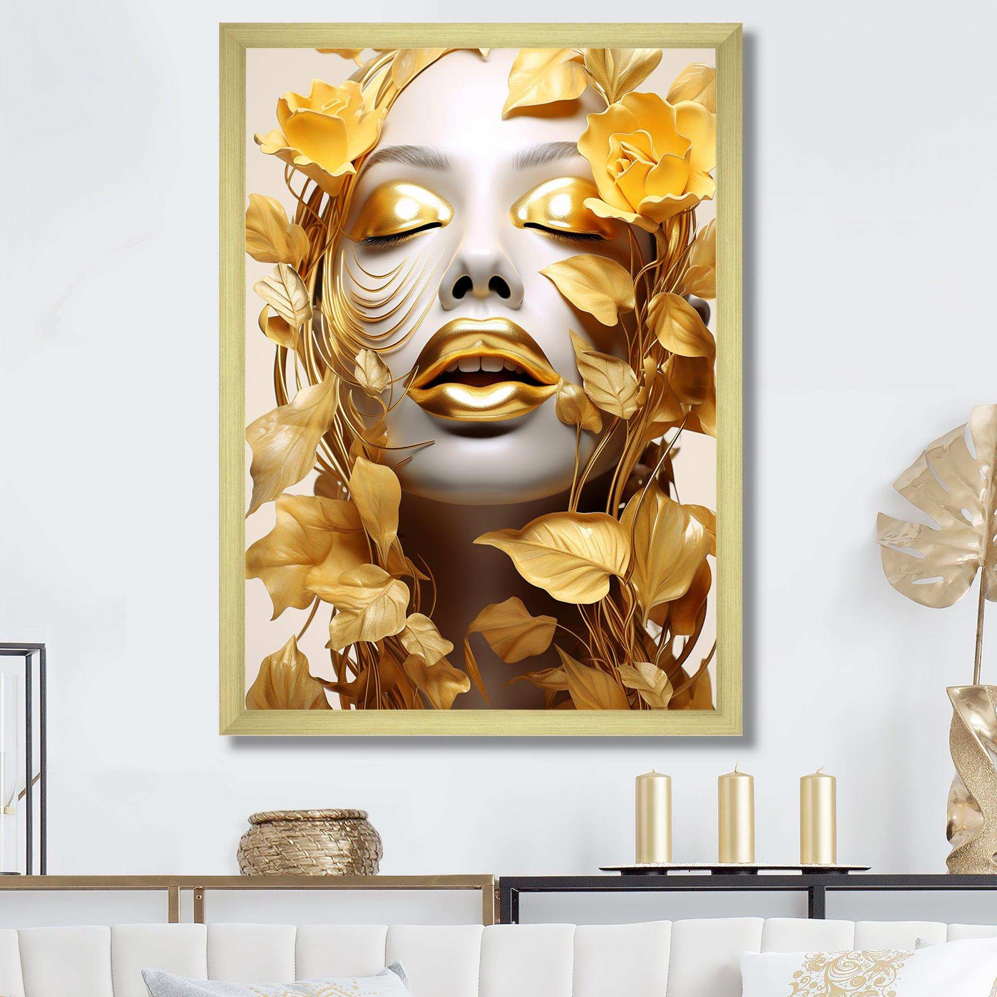 White and gold woman portrait with leaves I - Fashion Canvas Wall Art