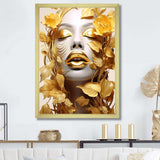 White and gold woman portrait with leaves I - Fashion Canvas Wall Art