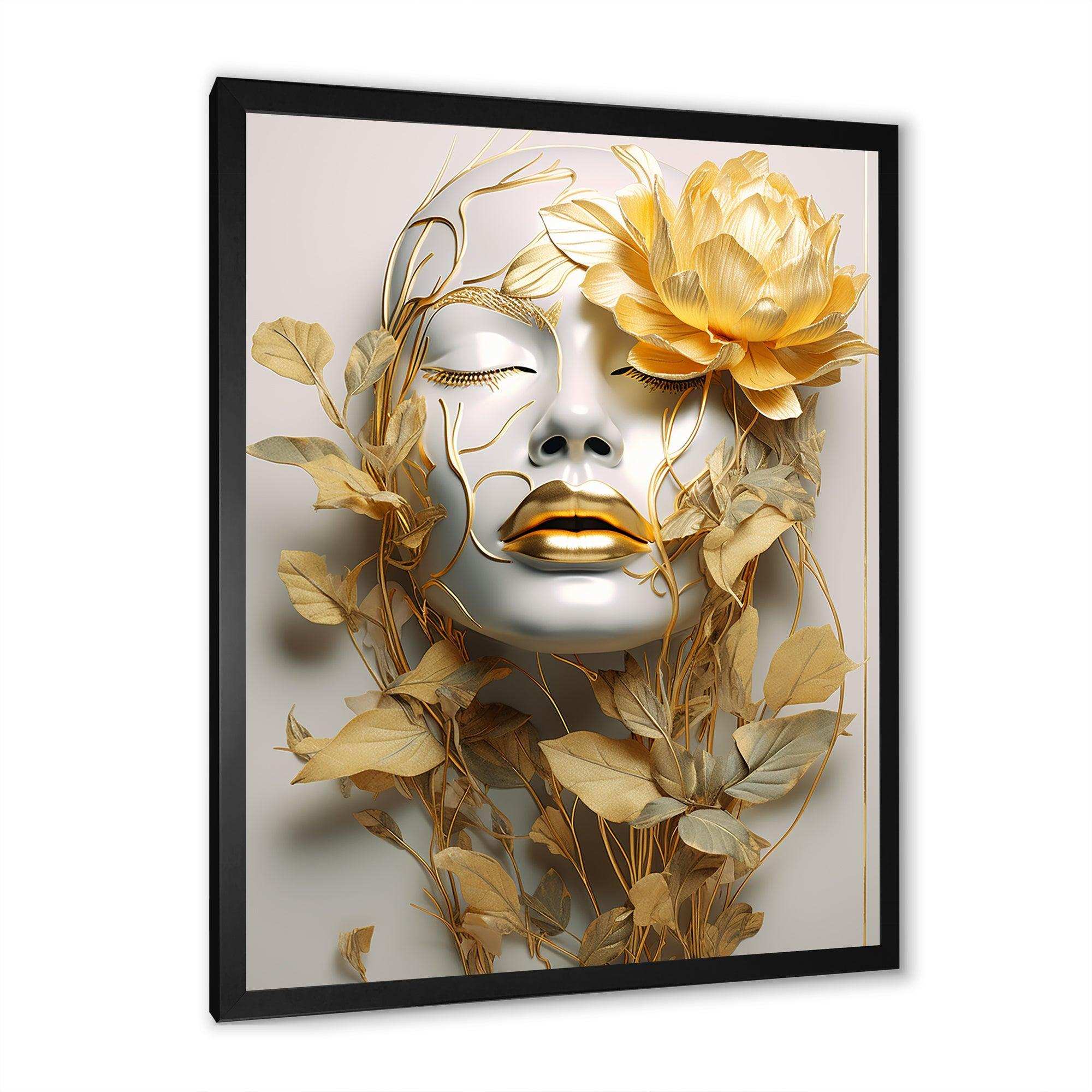 White and gold woman portrait with leaves II - Fashion Canvas Wall Art