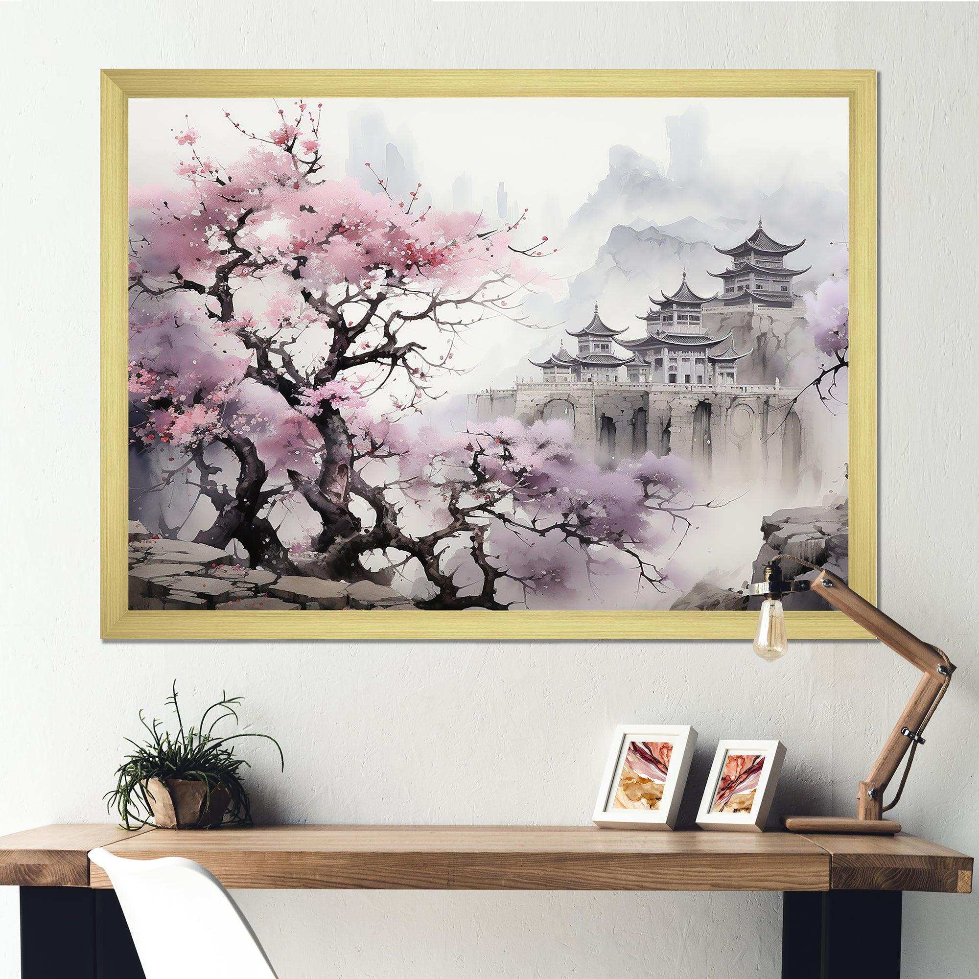 Pink floral Japanese Panorama landscape I - Landscapes Canvas Wall Art