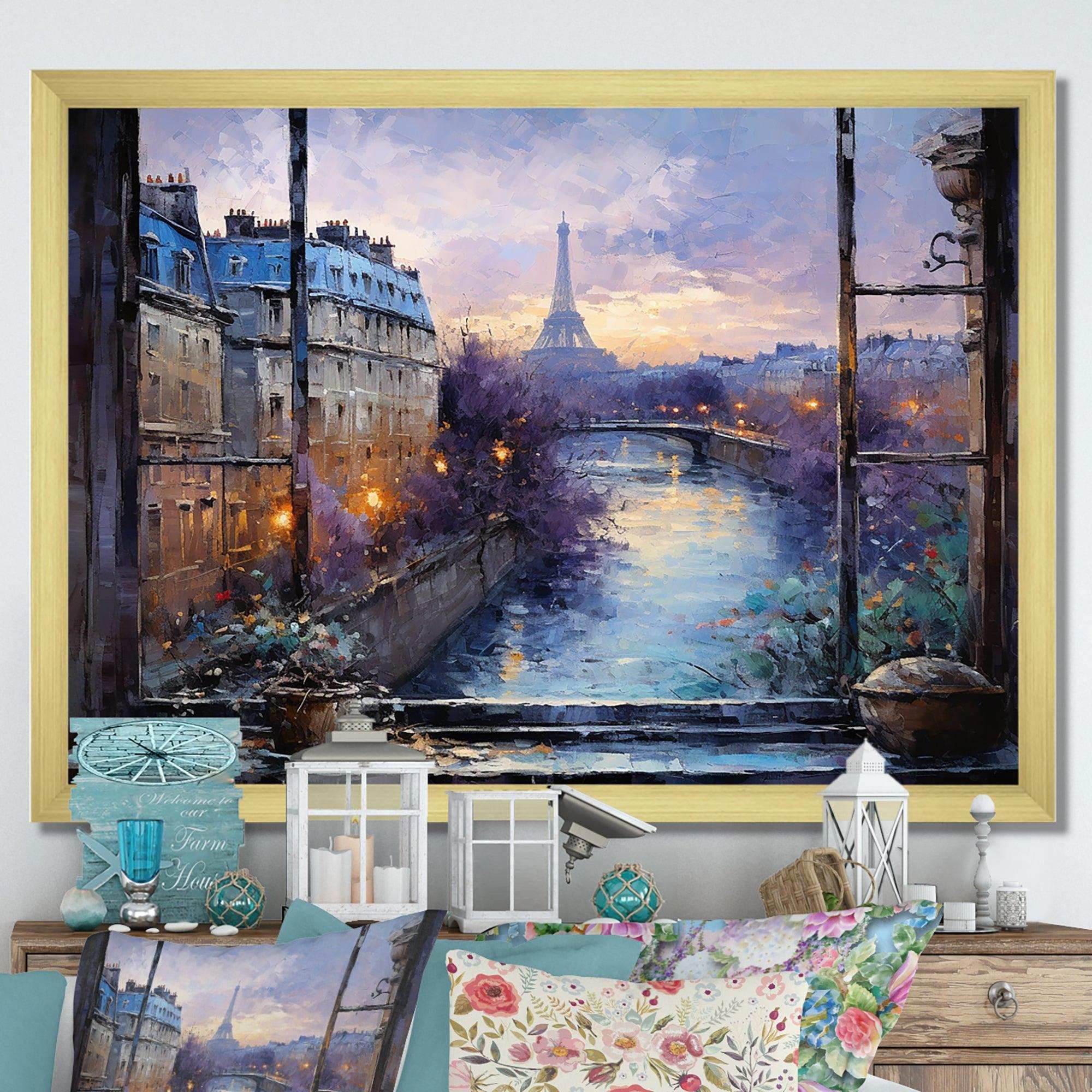 Paris Window View sunset - Cityscapes Canvas Wall Art