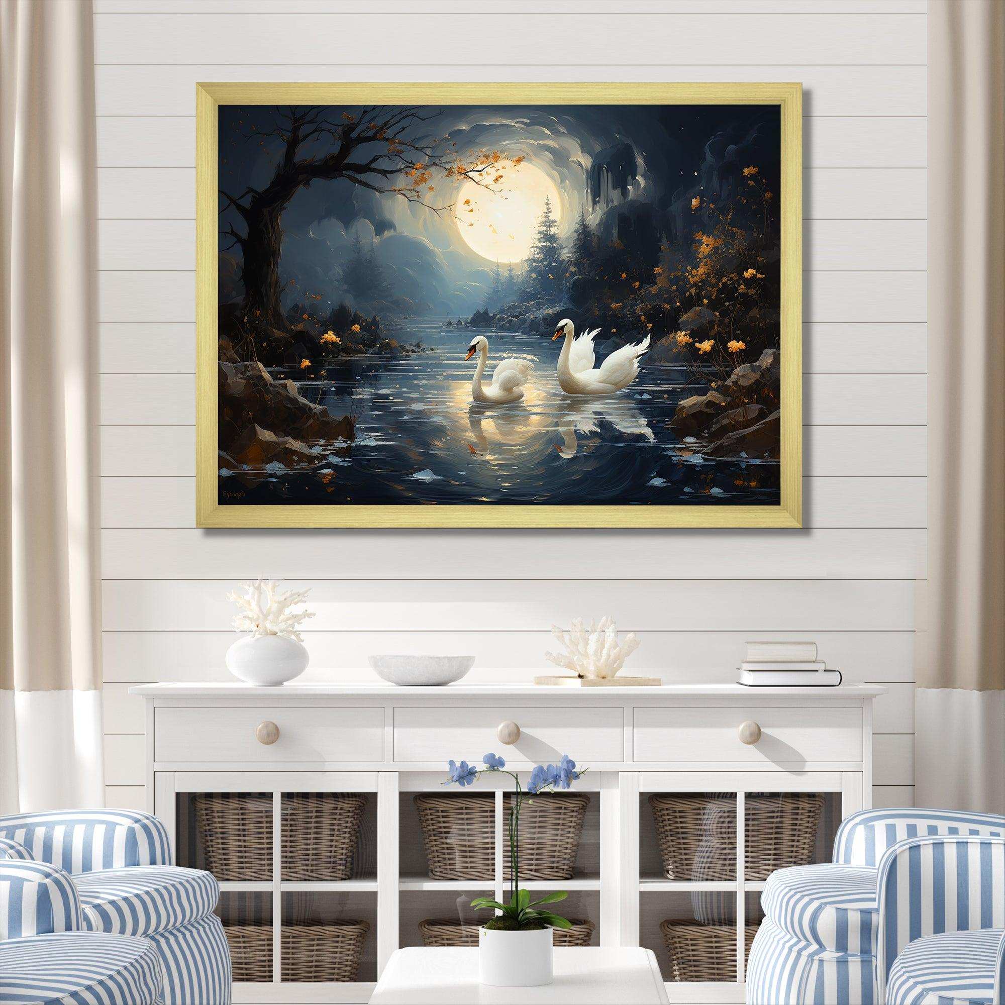 White Swans harmony moonlight pond II - Animals Canvas Wall Art