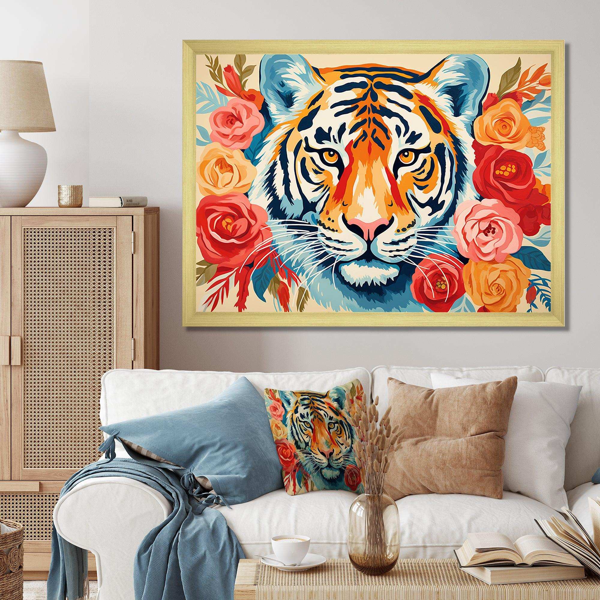 Pink and orange flower Tiger portrait - Animals Canvas Wall Art