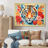 Pink and orange flower Tiger portrait - Animals Canvas Wall Art