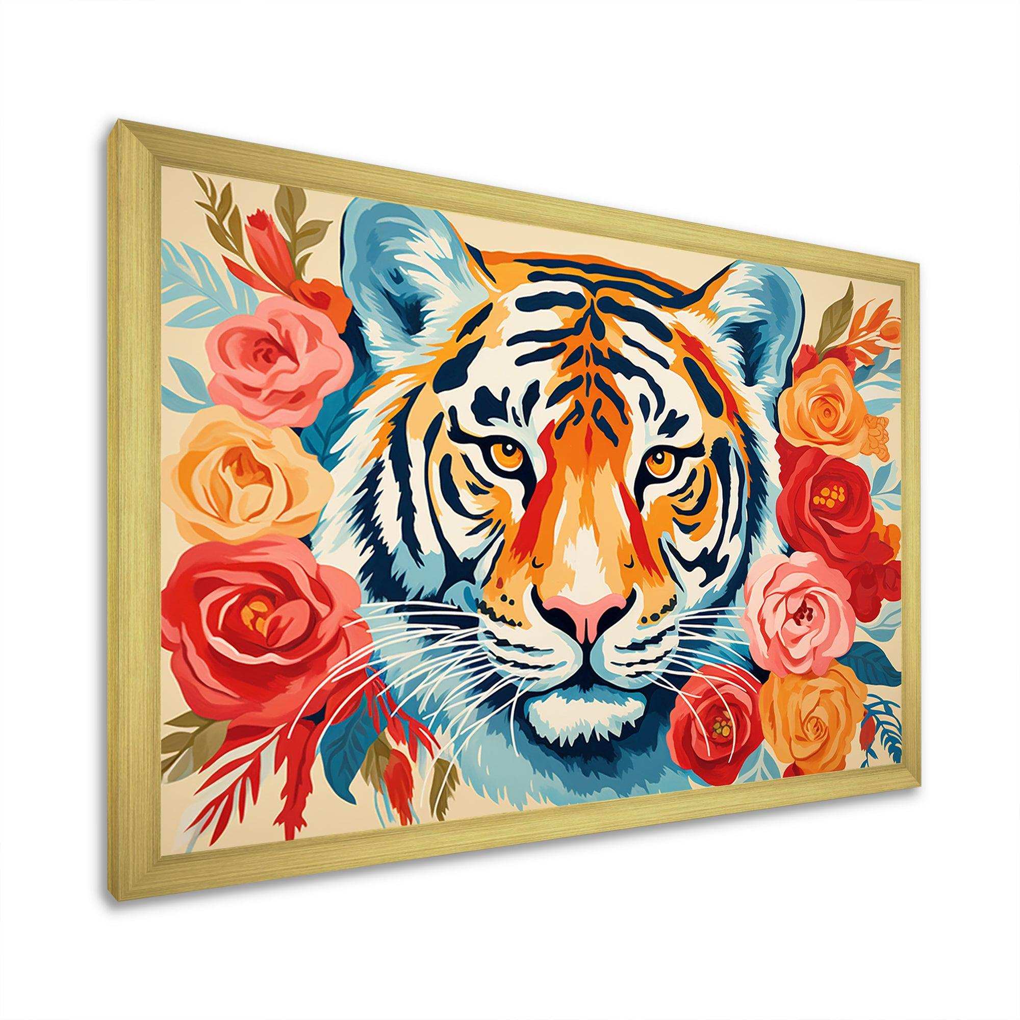 Pink and orange flower Tiger portrait - Animals Canvas Wall Art
