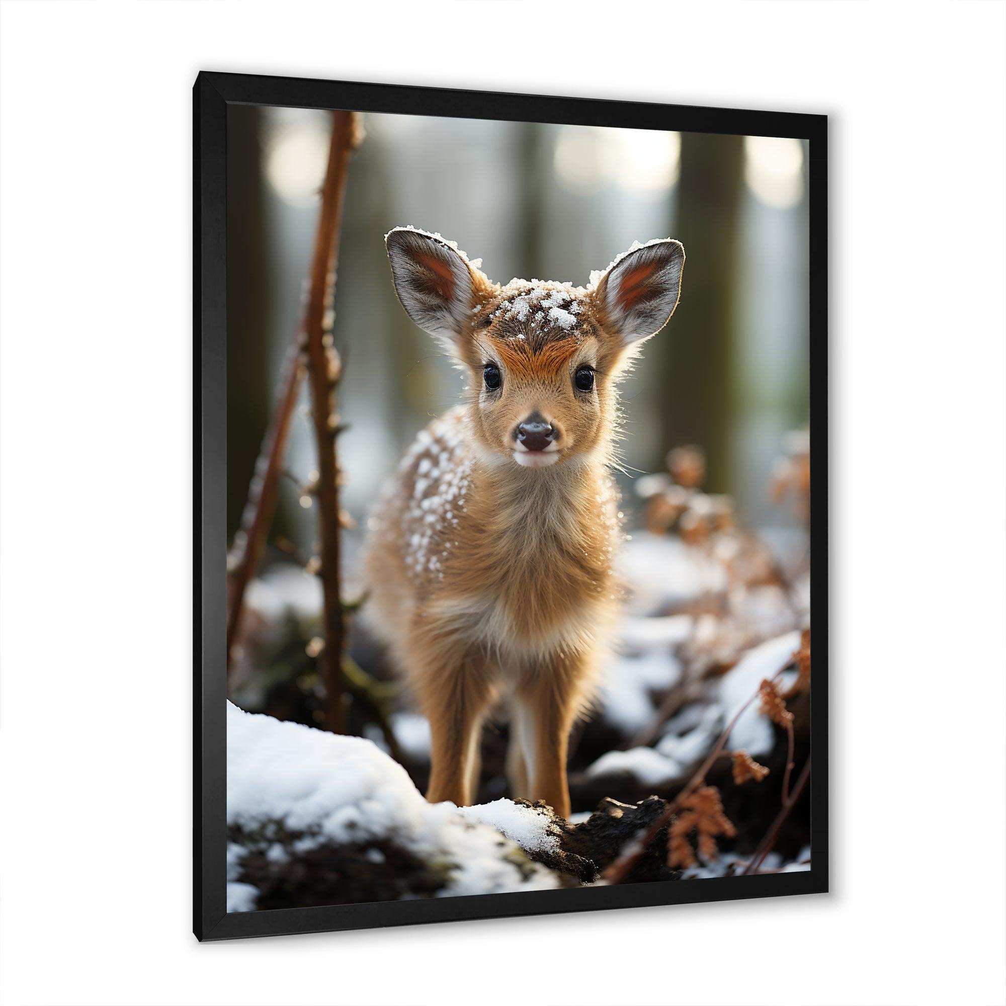 Cute Baby Deer portrait in winter - Animals Canvas Wall Art