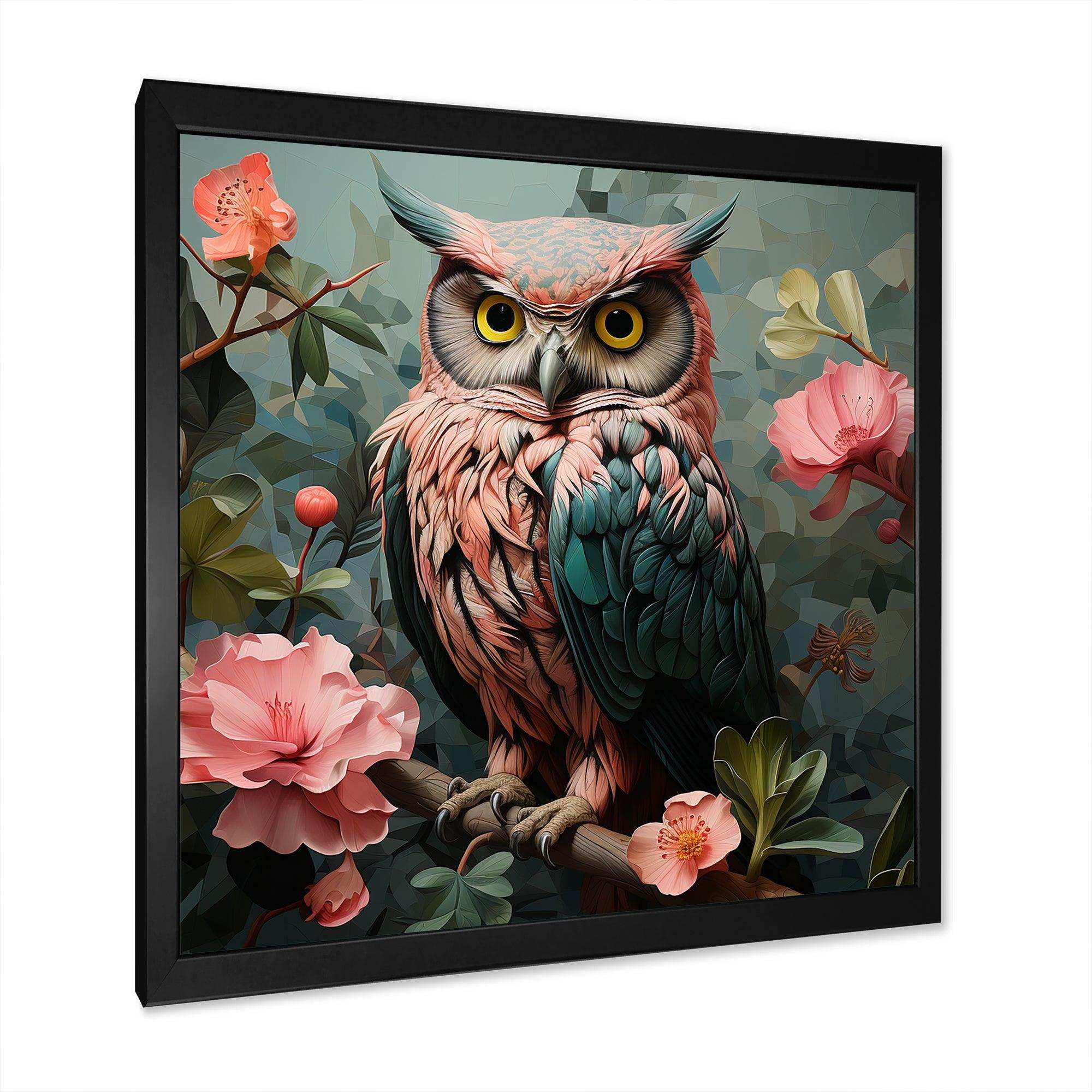 Blue and pink Owls gaze floral forest II - Animals Canvas Wall Art