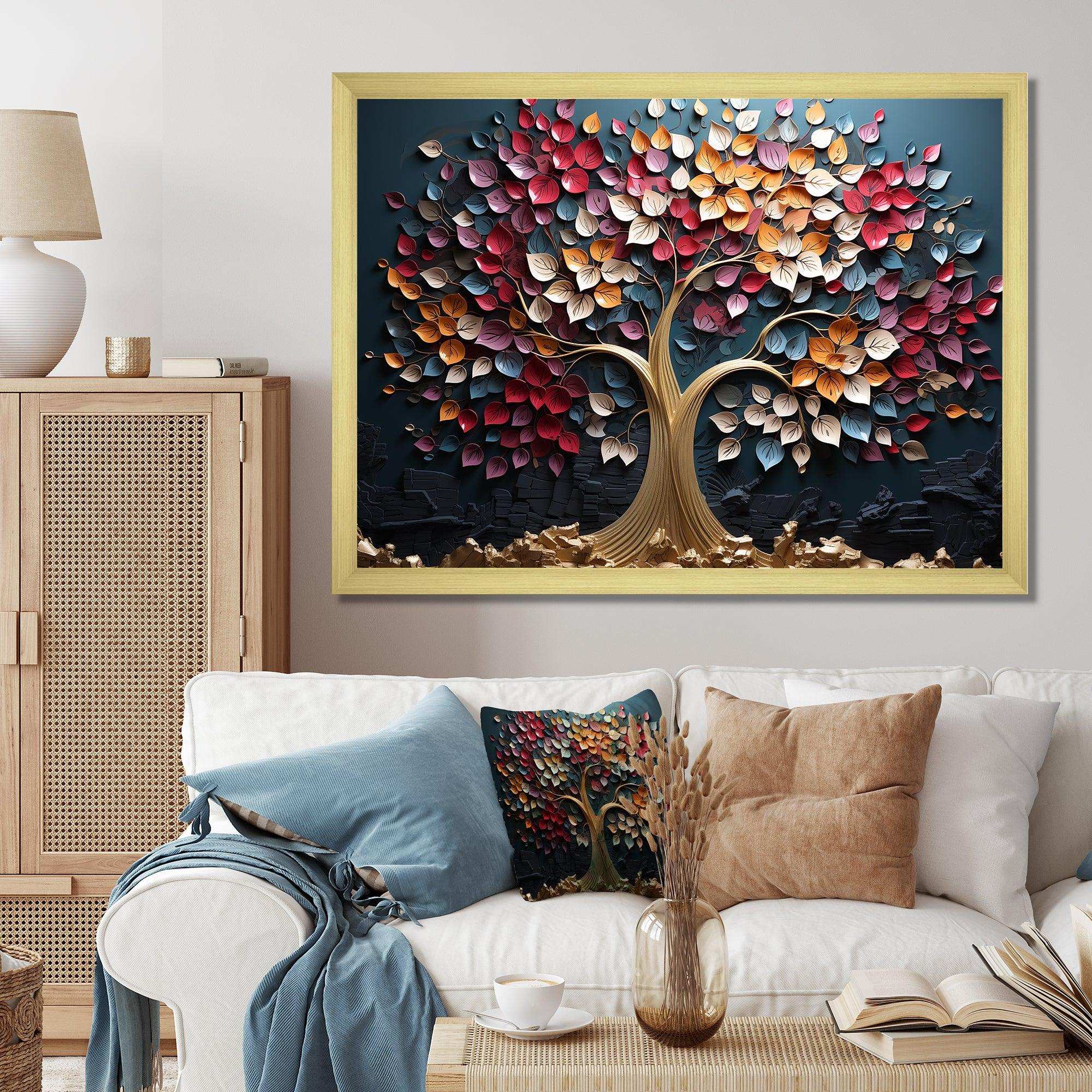 Pink and Blue golden tree on blue tones - Landscapes Canvas Wall Art