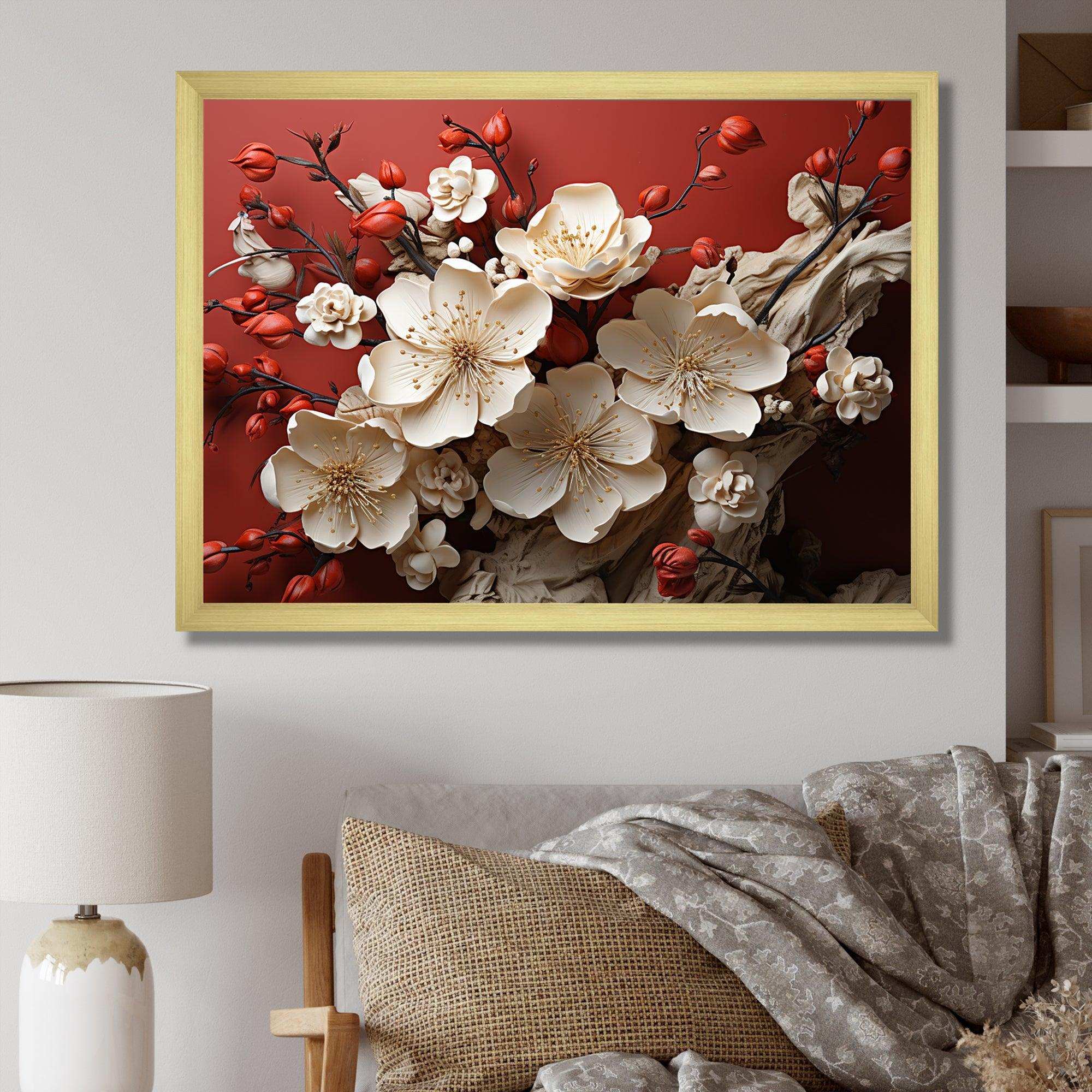 White and red orchid flower branches V - Floral Canvas Wall Art