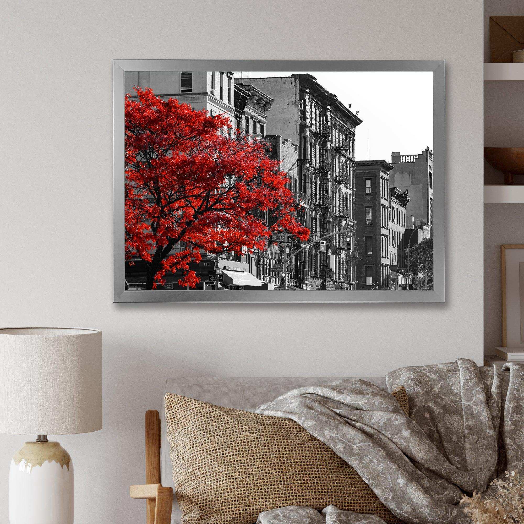 Red Tree on Black and White New York City Street