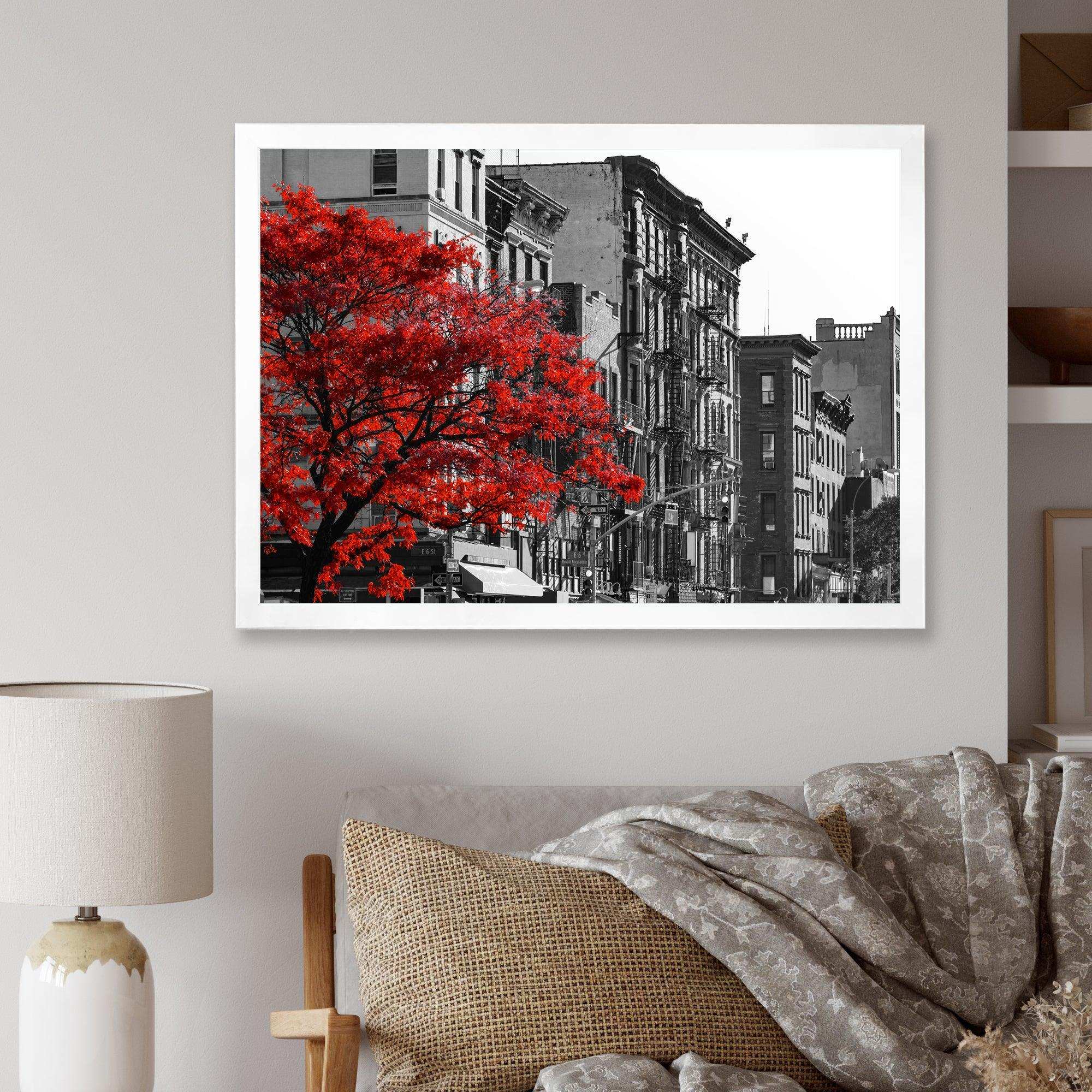Red Tree on Black and White New York City Street