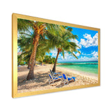 Blue chairs at the tropical white sand beach