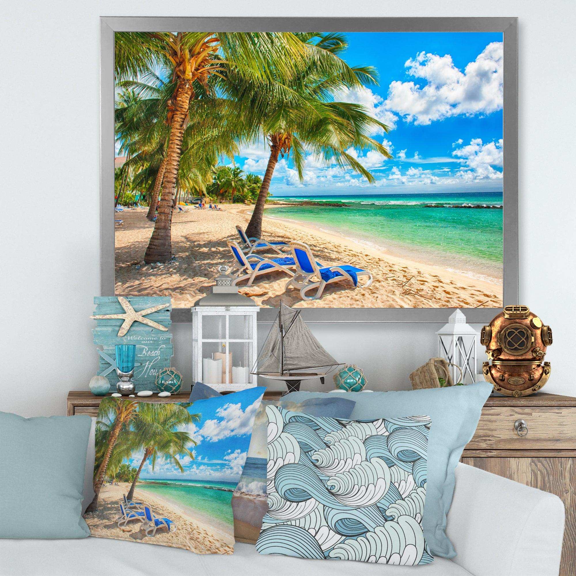 Blue chairs at the tropical white sand beach