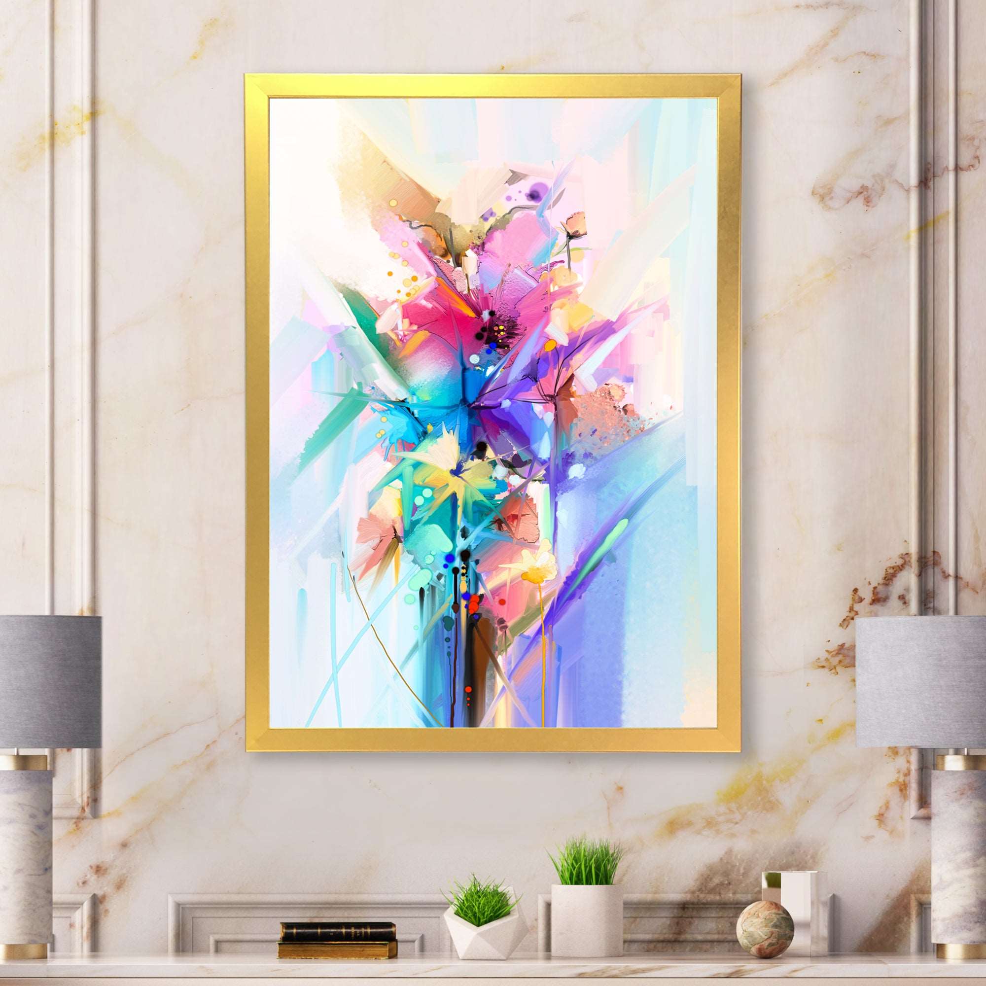 Abstract Colorful Spring Flowers Framed Print Vibrant Gold - 1.5 Width