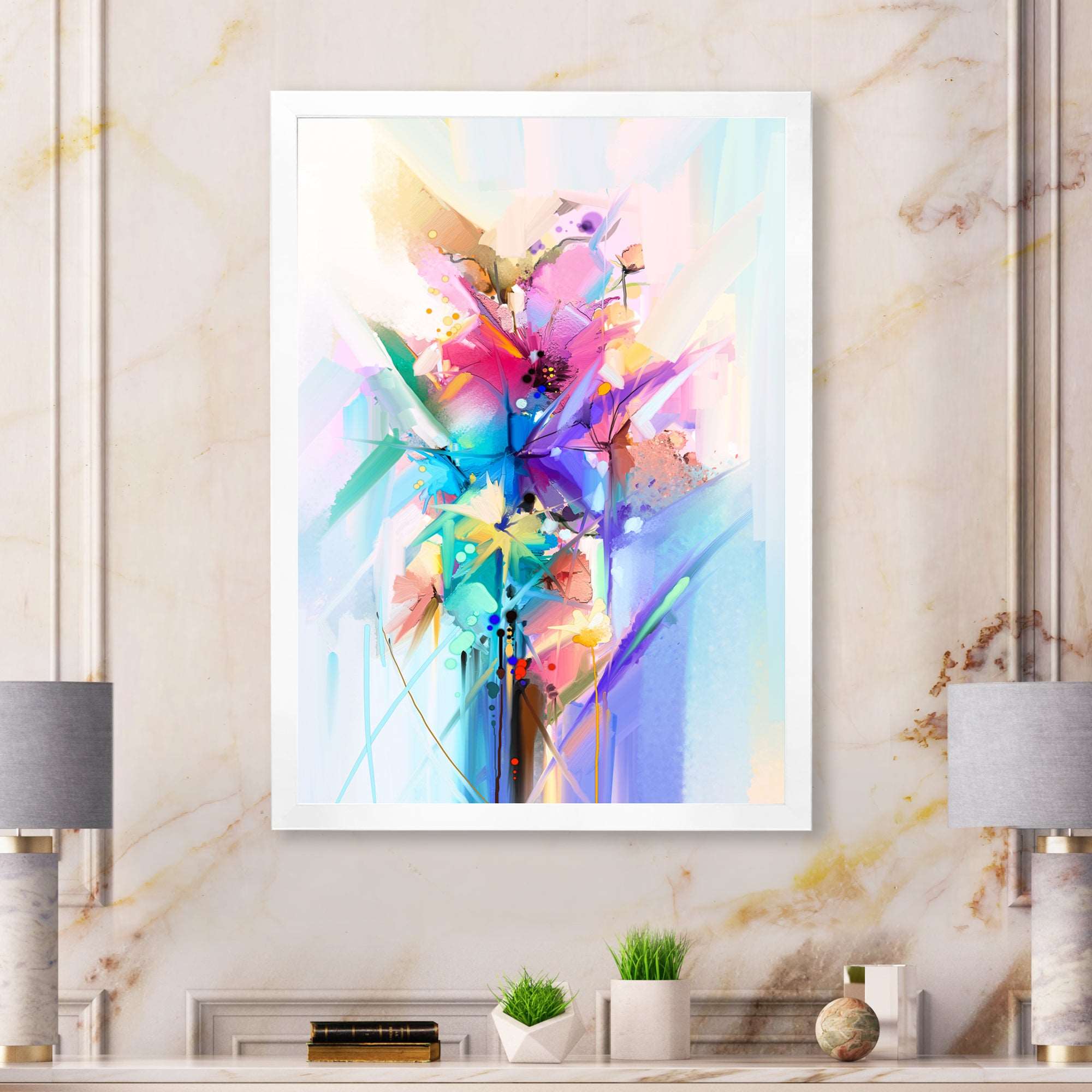 Abstract Colorful Spring Flowers Framed Print Matte White - 1.5 Width