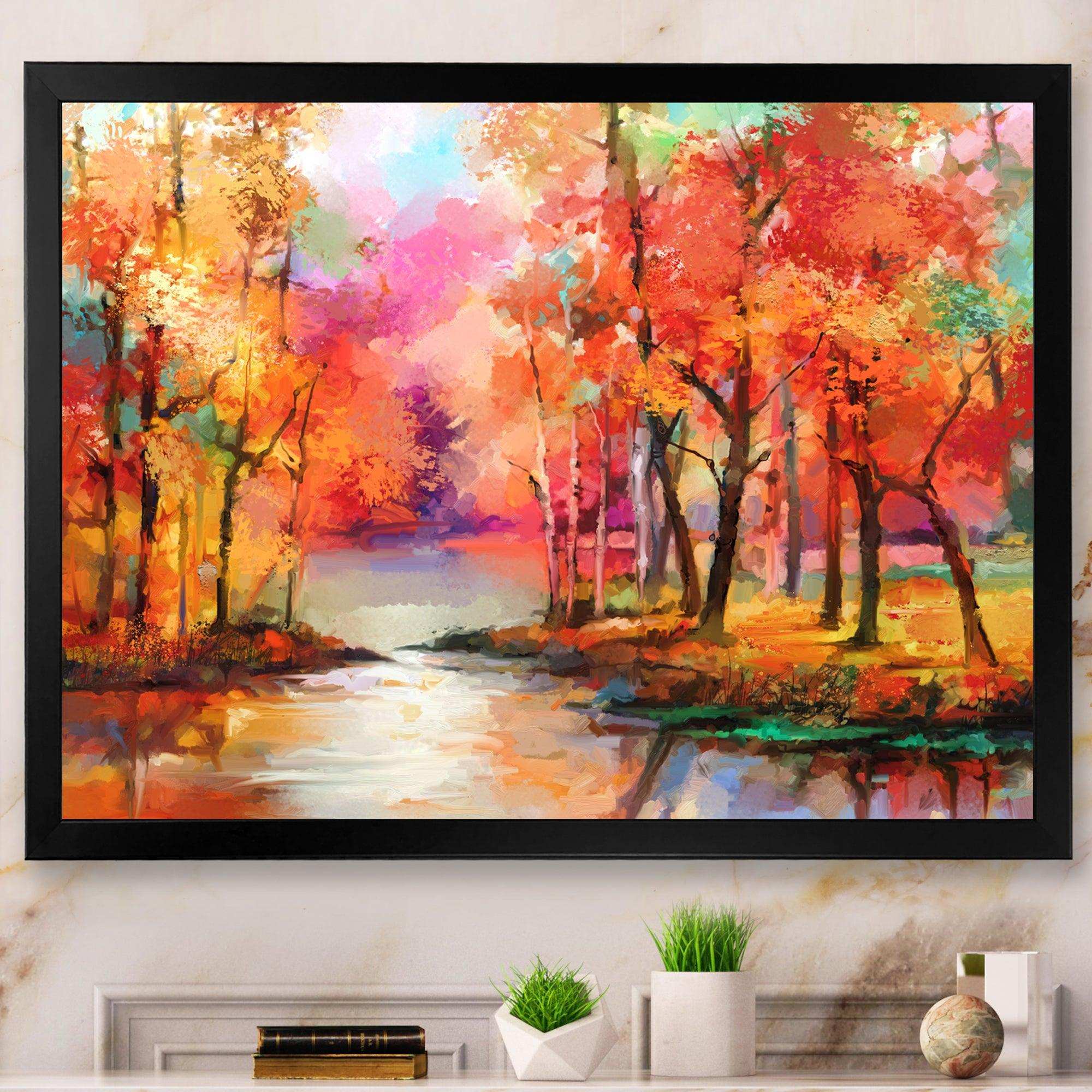 Autumn Aspen Trees In Red Leaf Forest By Lake